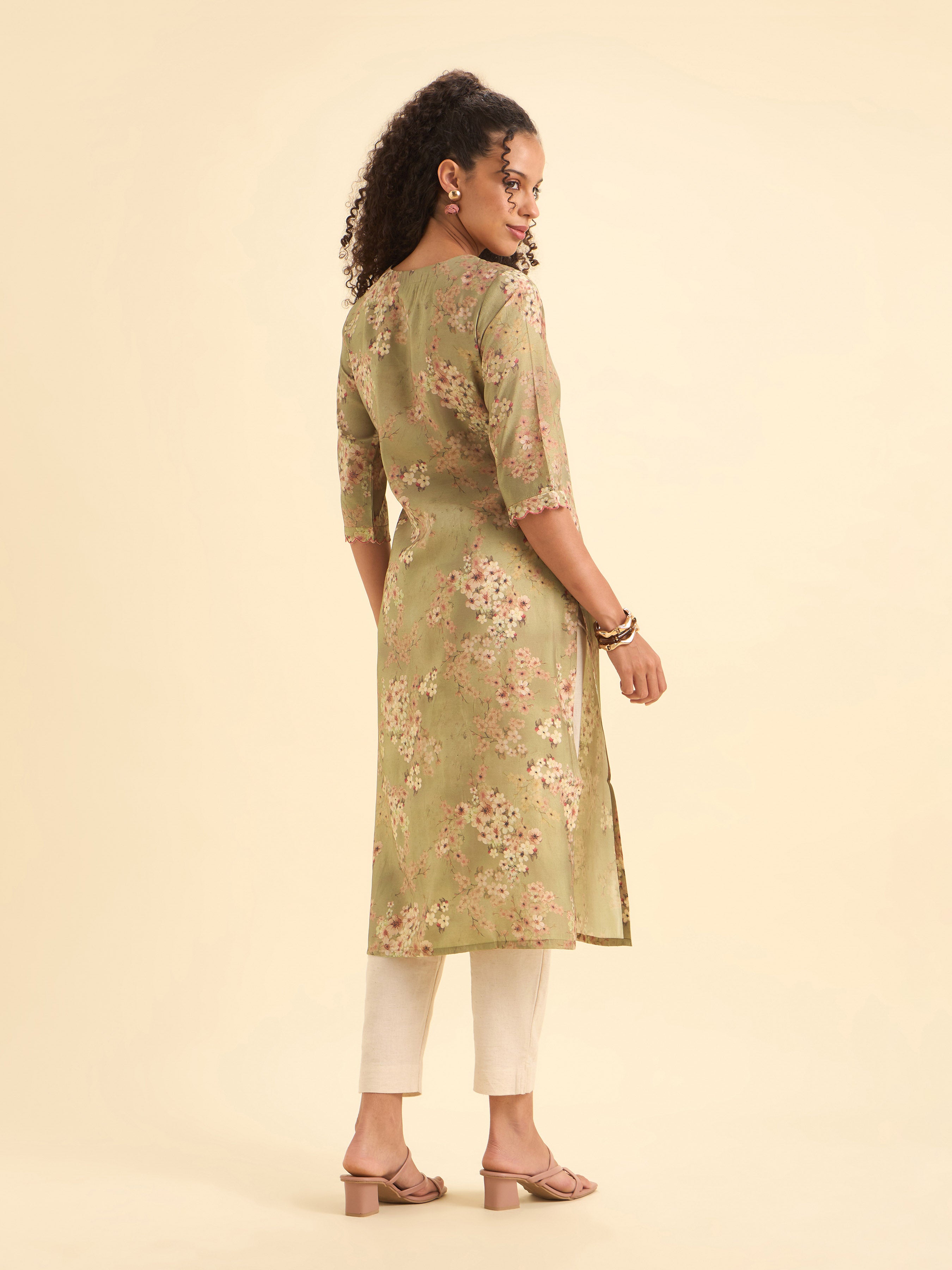 Olive Green Multi Colour Modal Chanderi Printed Slit Kurti With Embroidery Sequins Work