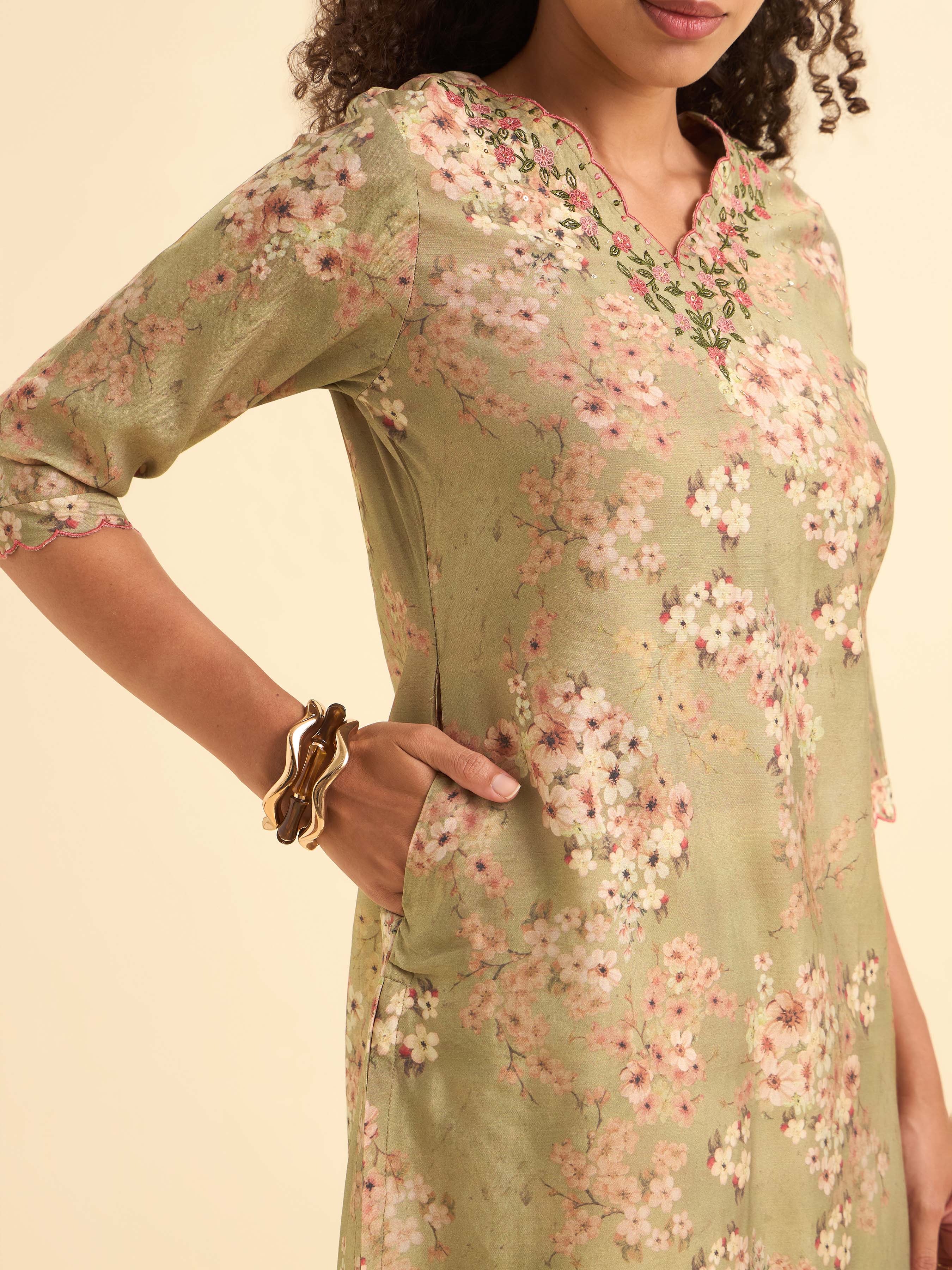 Olive Green Multi Colour Modal Chanderi Printed Slit Kurti With Embroidery Sequins Work