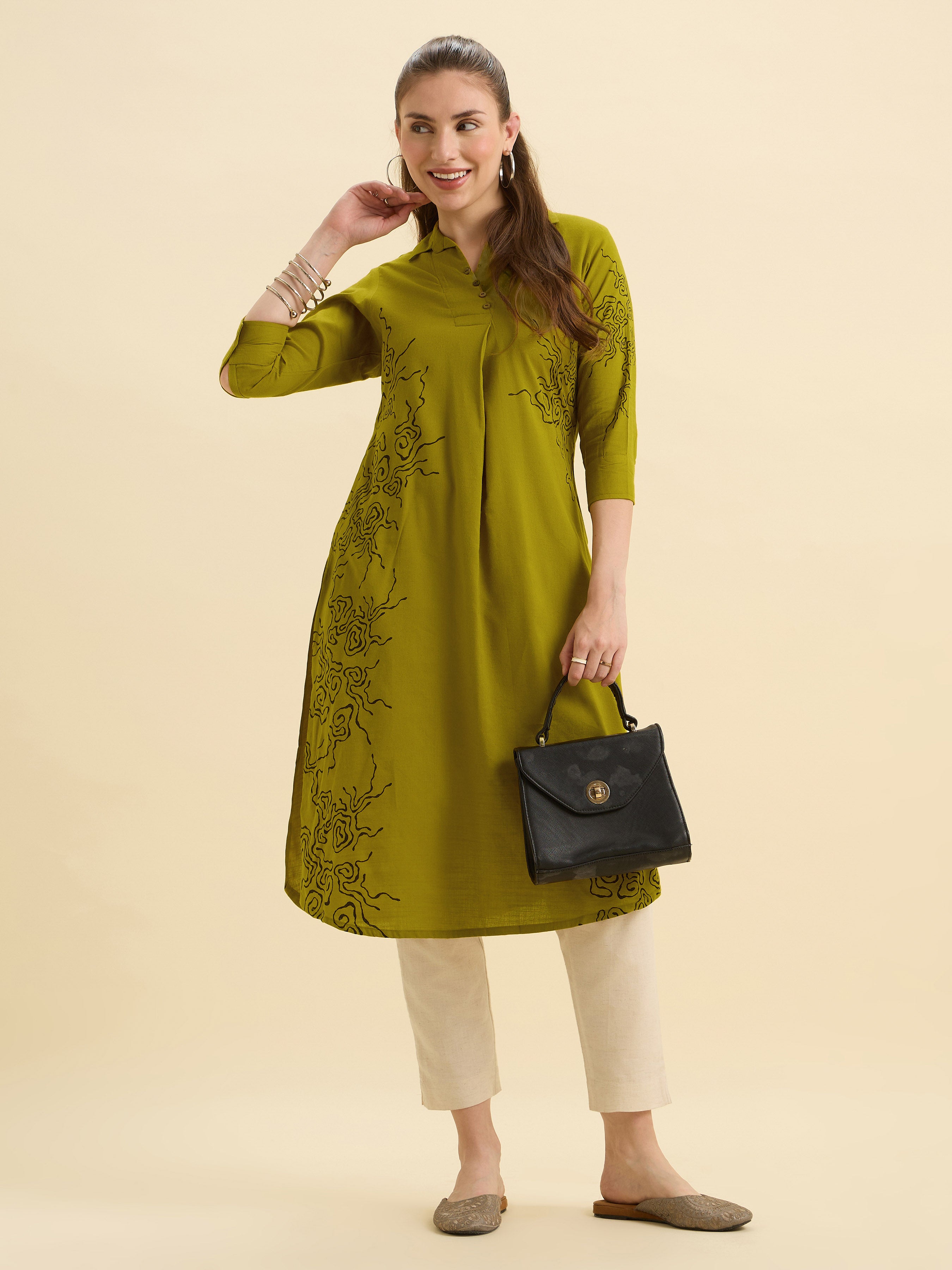 Olive Yellow Cotton Viscose Plain Slit Kurti With Placement Print, Knife Pleats & Curved Hemline