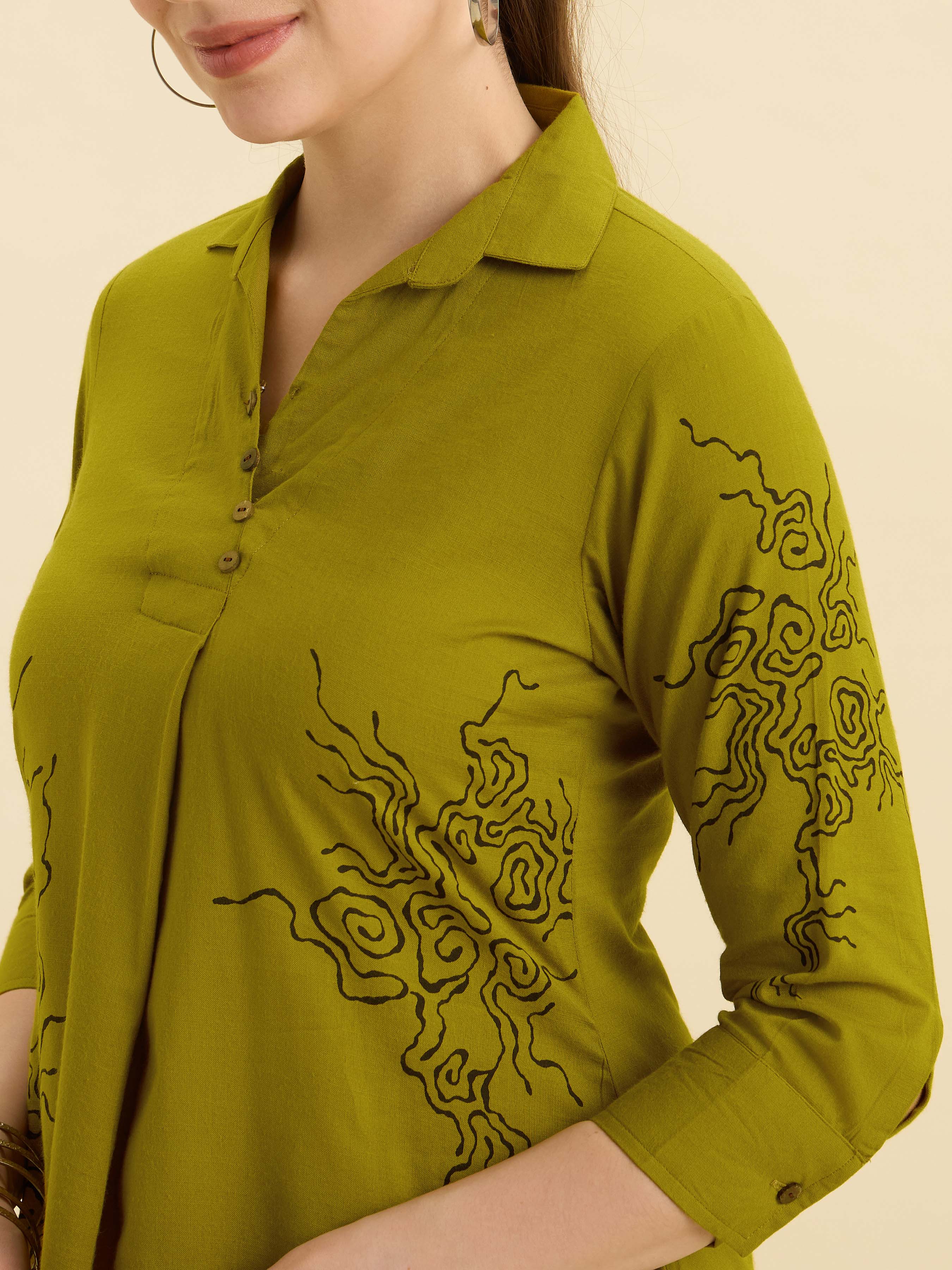 Olive Yellow Cotton Viscose Plain Slit Kurti With Placement Print, Knife Pleats & Curved Hemline
