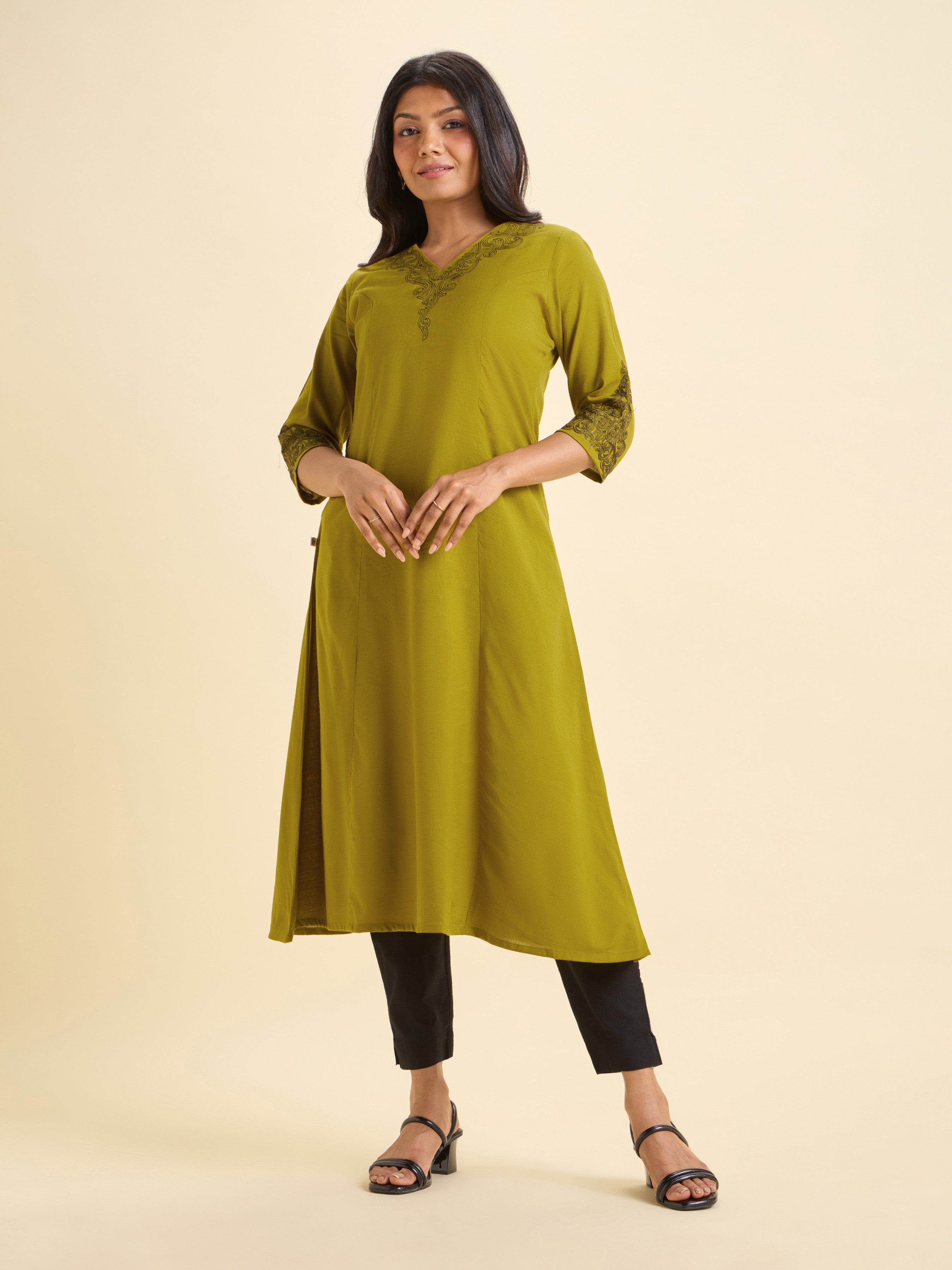 Olive Yellow Cotton Viscose Plain Slub Flared Kurti With Sequins Embroidery
