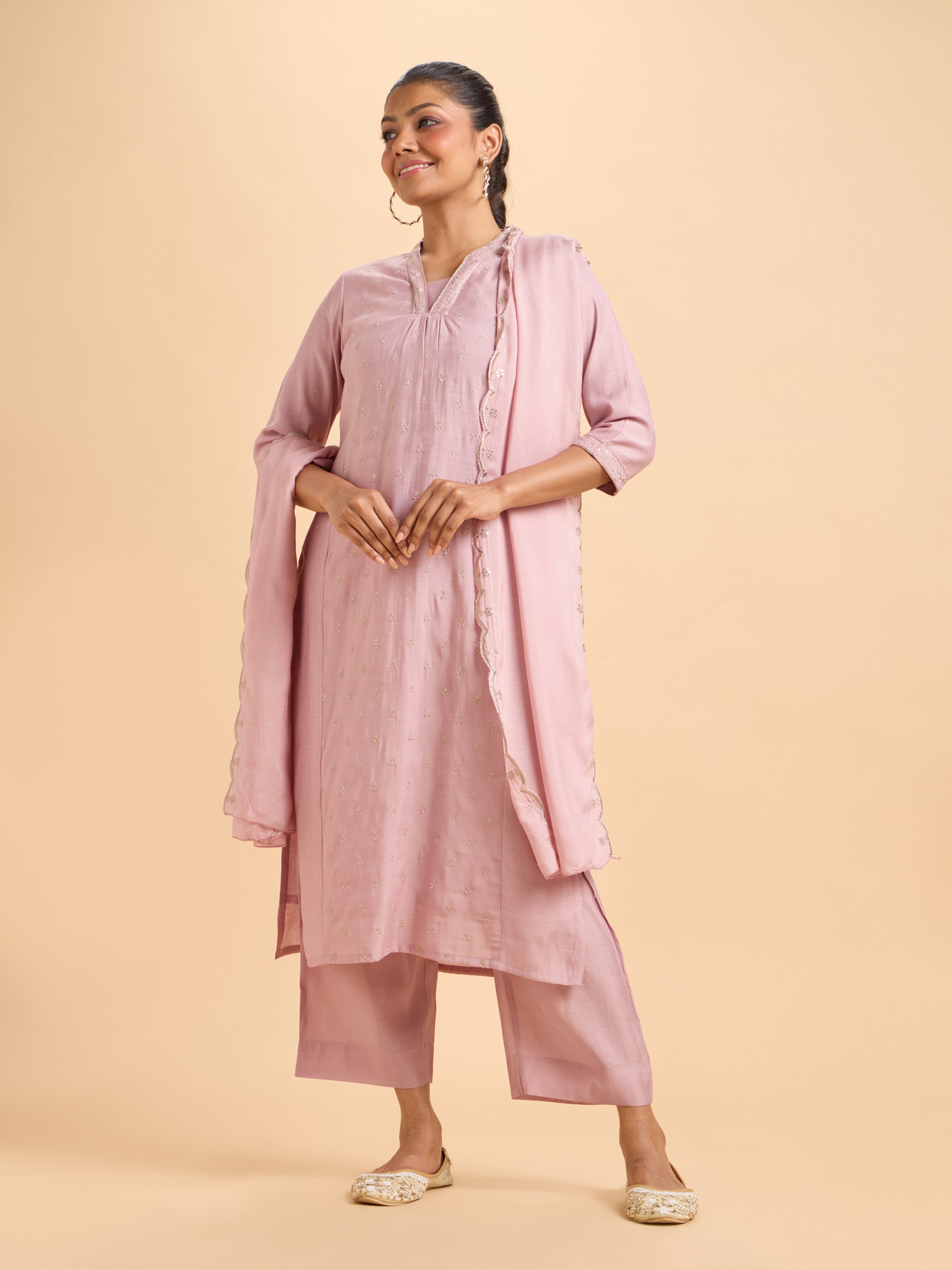 Onion Pink Plain Chanderi Flared Kurti Set With Dupatta And Embroidery