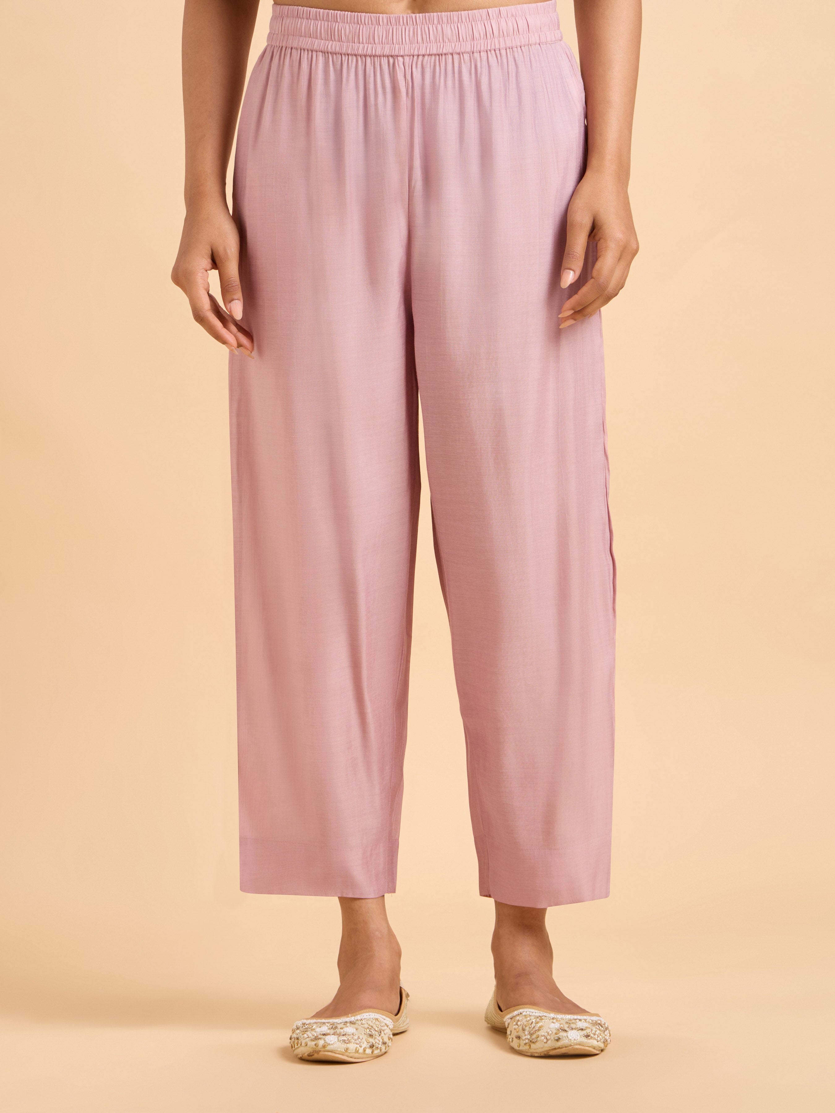 Onion Pink Plain Chanderi Flared Kurti Set With Dupatta And Embroidery