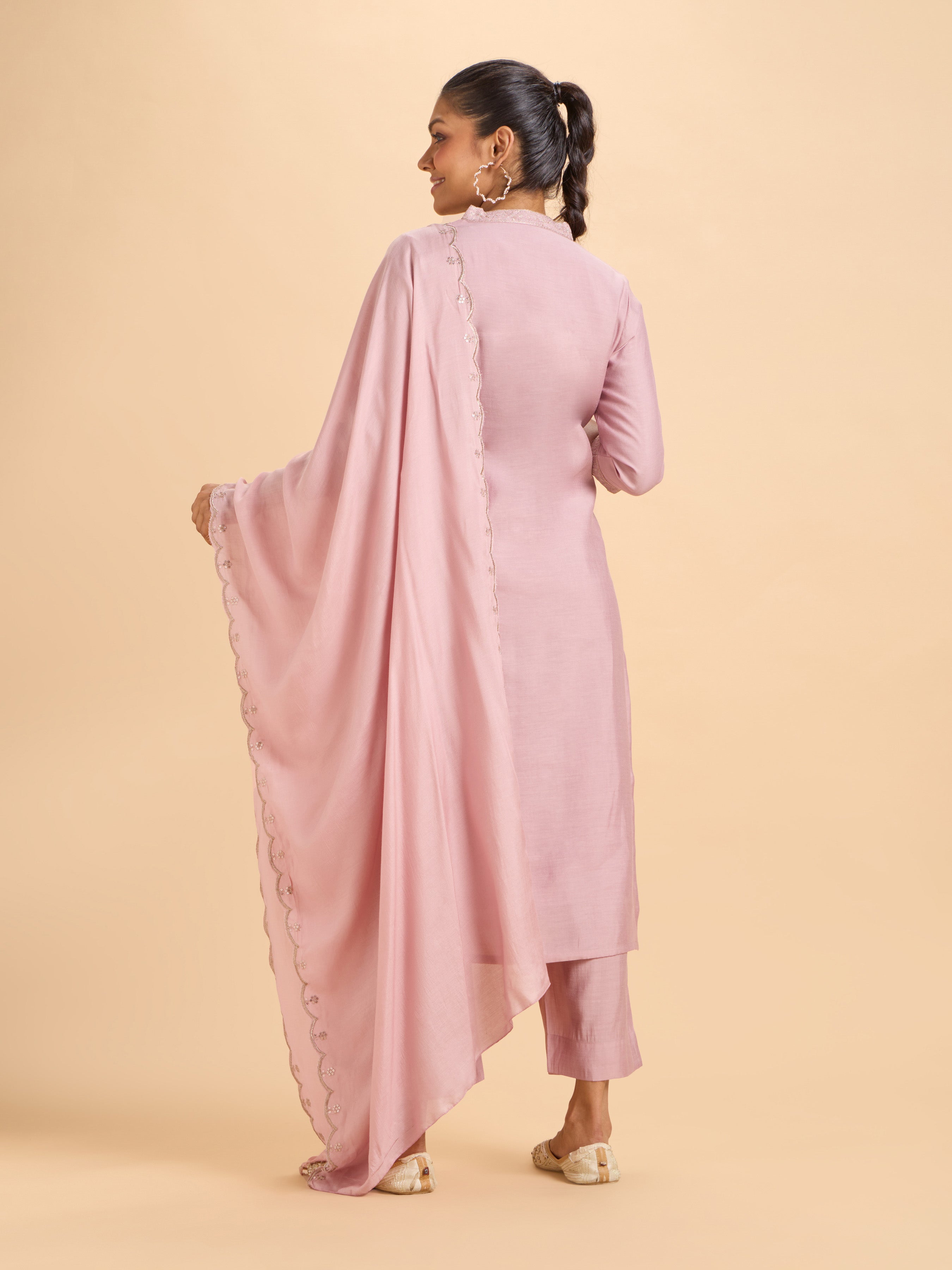 Onion Pink Plain Chanderi Flared Kurti Set With Dupatta And Embroidery