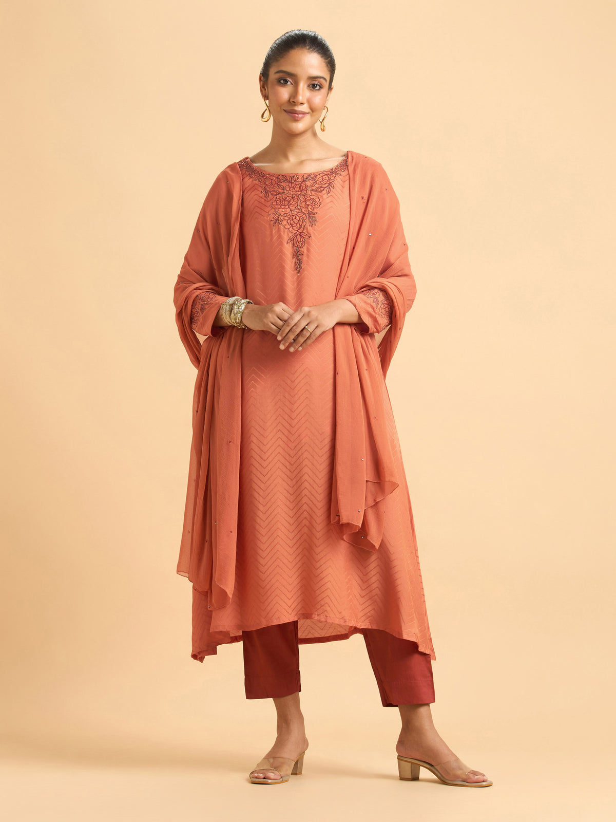 Orange Viscose Jacquard Plain Kurti Set With Cut Bead Embroidery And Dupatta