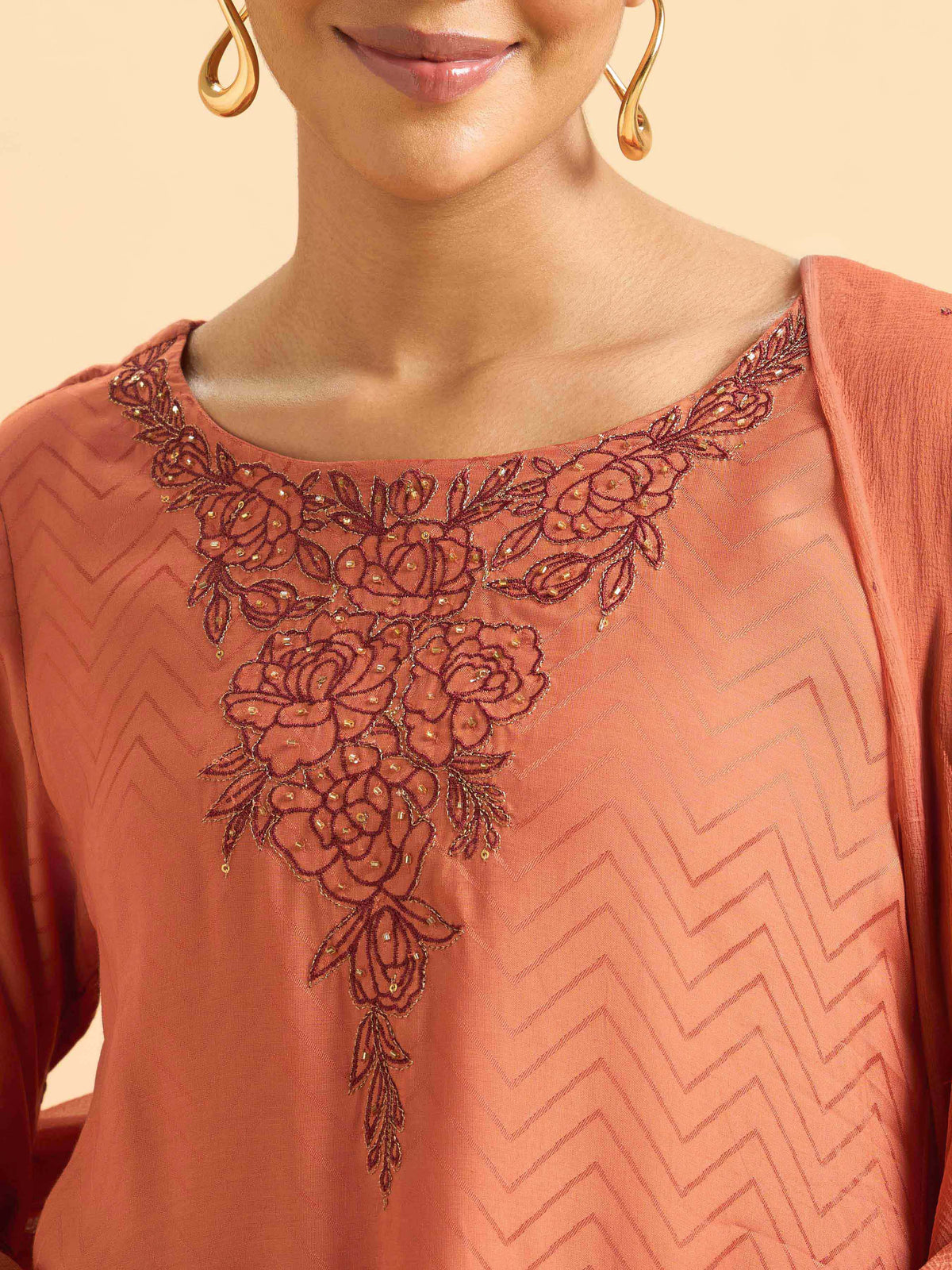 Orange Viscose Jacquard Plain Kurti Set With Cut Bead Embroidery And Dupatta
