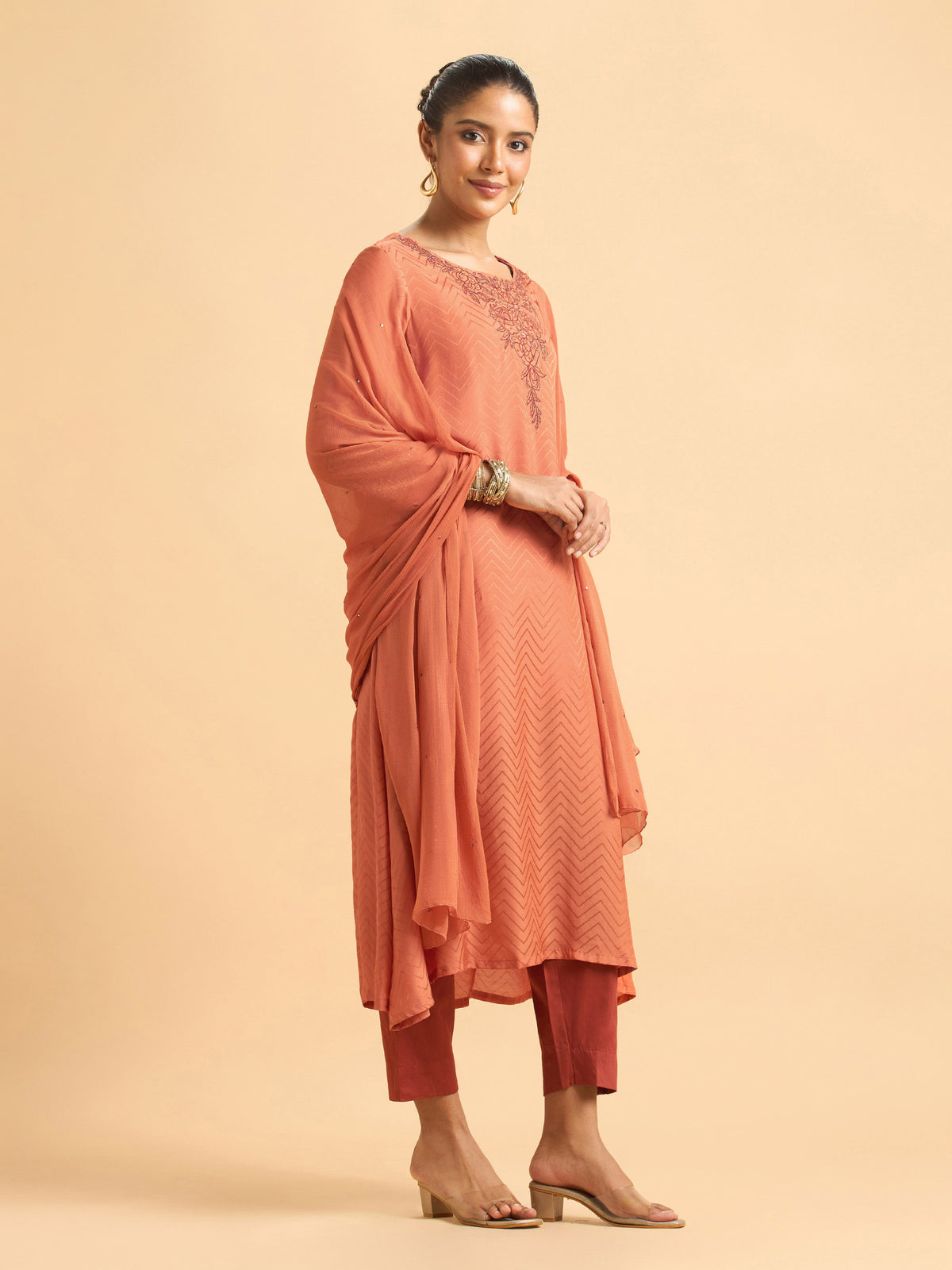 Orange Viscose Jacquard Plain Kurti Set With Cut Bead Embroidery And Dupatta