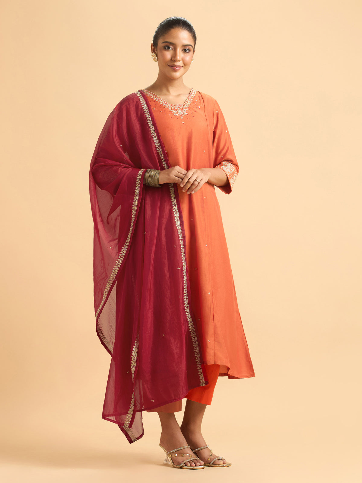 Orange Poly Viscose Plain Kurti Set With Sequins And Sugar Bead Embroidery With Contrast Dupatta