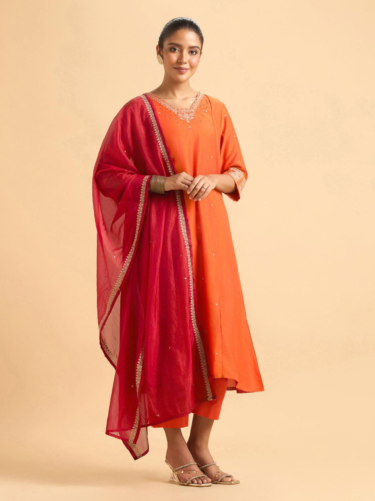 Orange Poly Viscose Plain Kurti Set With Sequins And Sugar Bead Embroidery With Contrast Dupatta