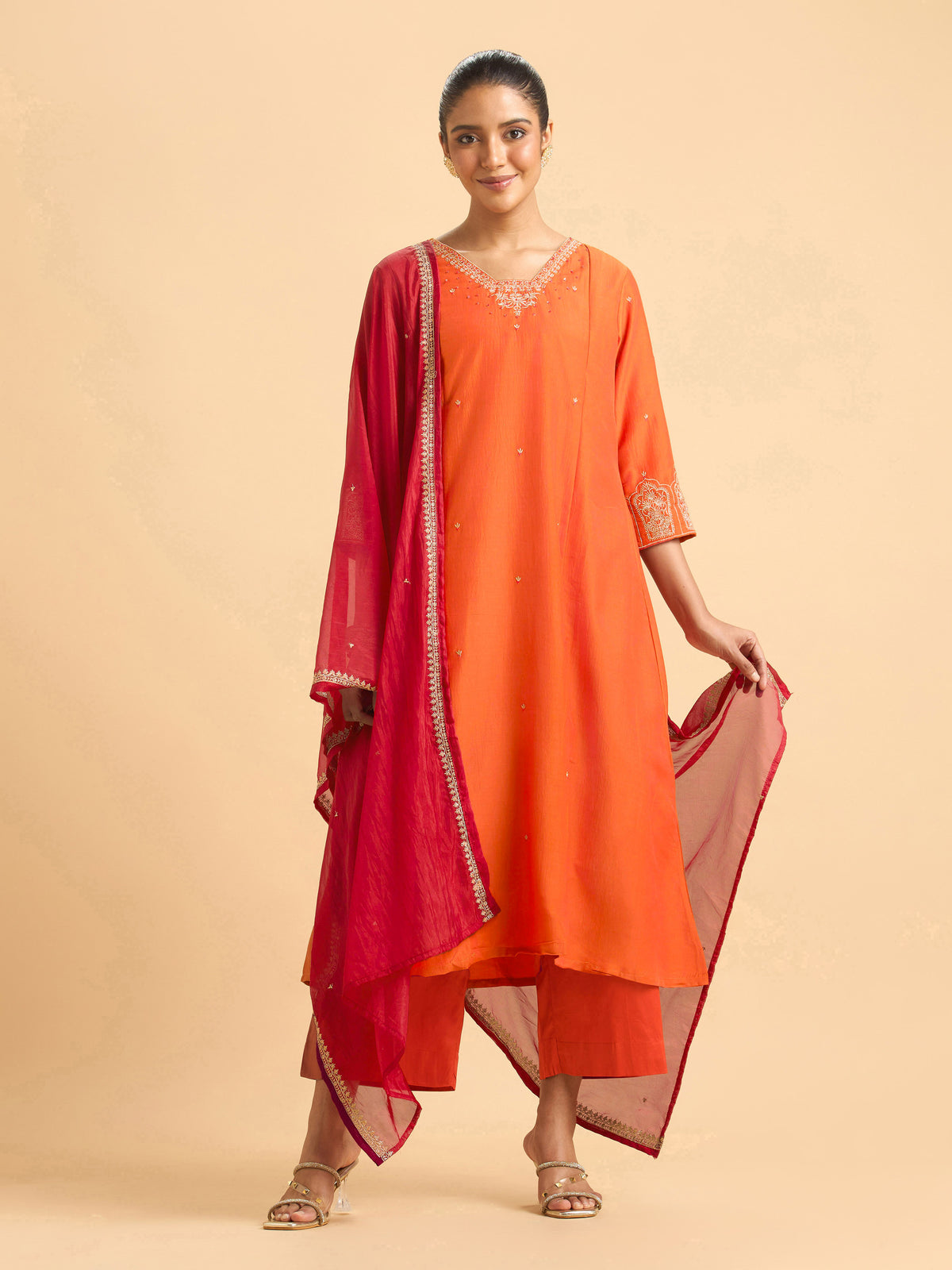 Orange Poly Viscose Plain Kurti Set With Sequins And Sugar Bead Embroidery With Contrast Dupatta