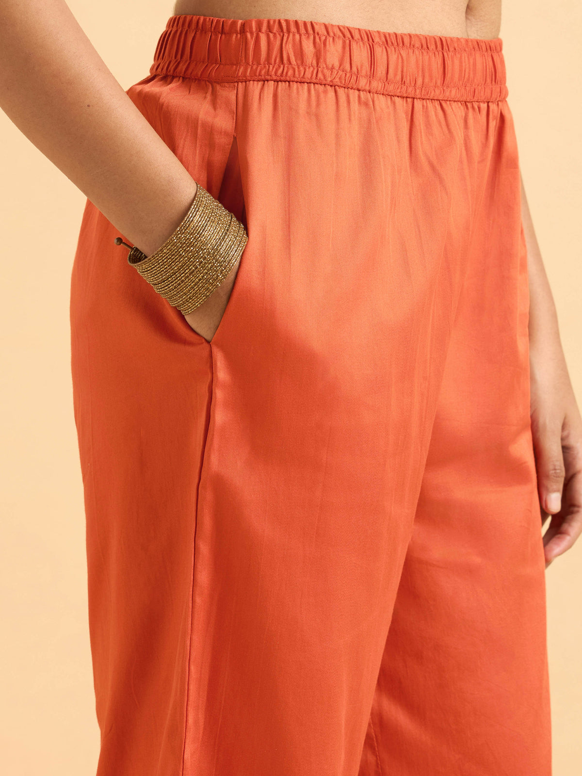 Orange Poly Viscose Plain Kurti Set With Sequins And Sugar Bead Embroidery With Contrast Dupatta