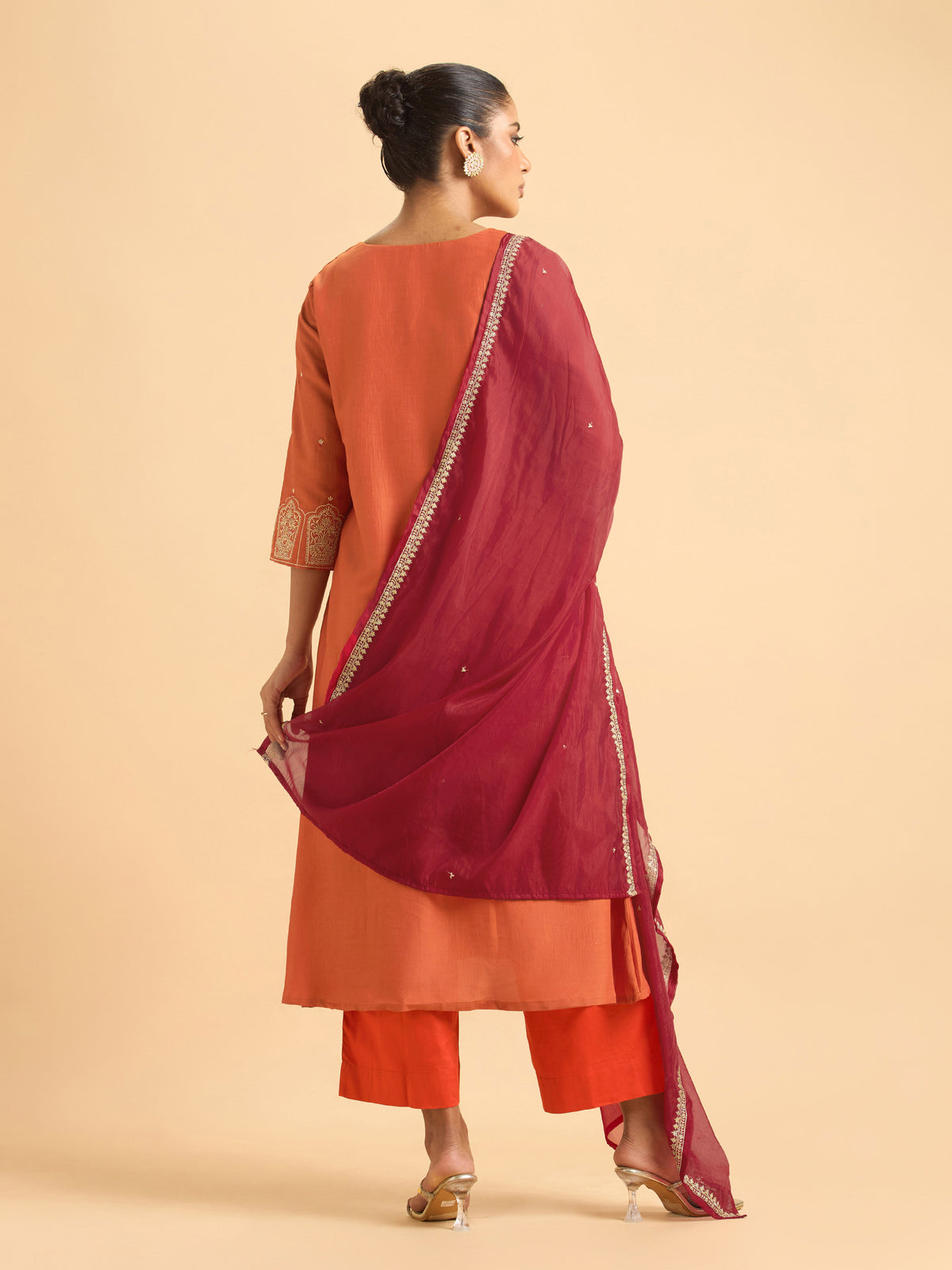 Orange Poly Viscose Plain Kurti Set With Sequins And Sugar Bead Embroidery With Contrast Dupatta