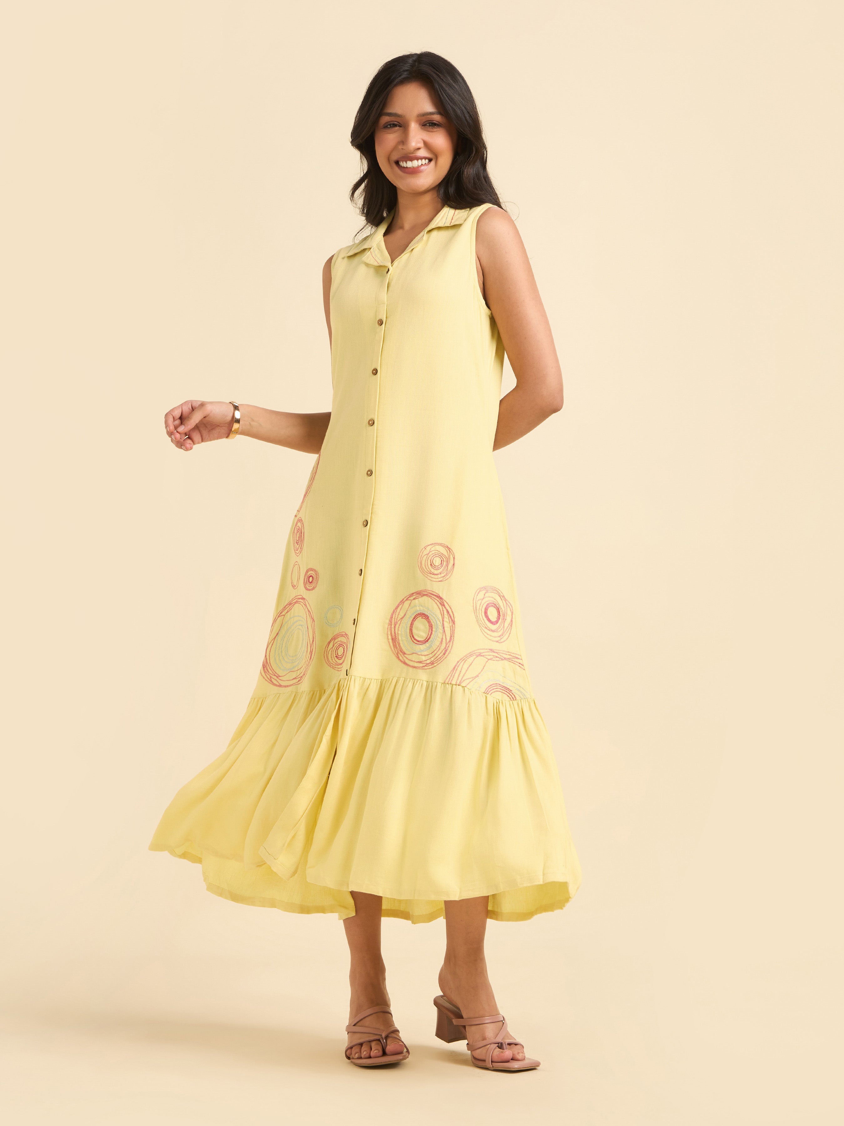 Pale Yellow Viscose Linen Plain Flared Sleeveless Kurti With Embroidery