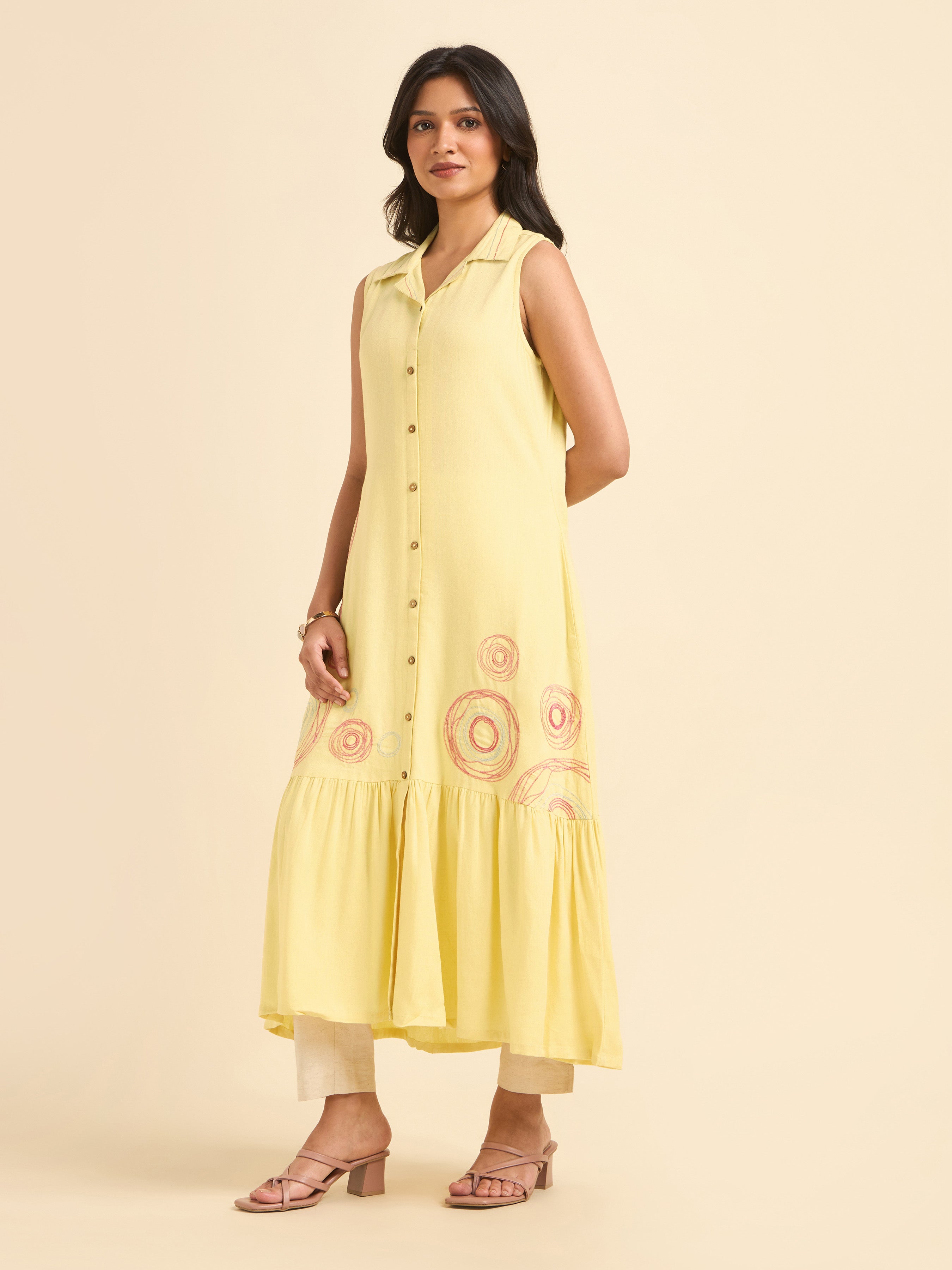 Pale Yellow Viscose Linen Plain Flared Sleeveless Kurti With Embroidery