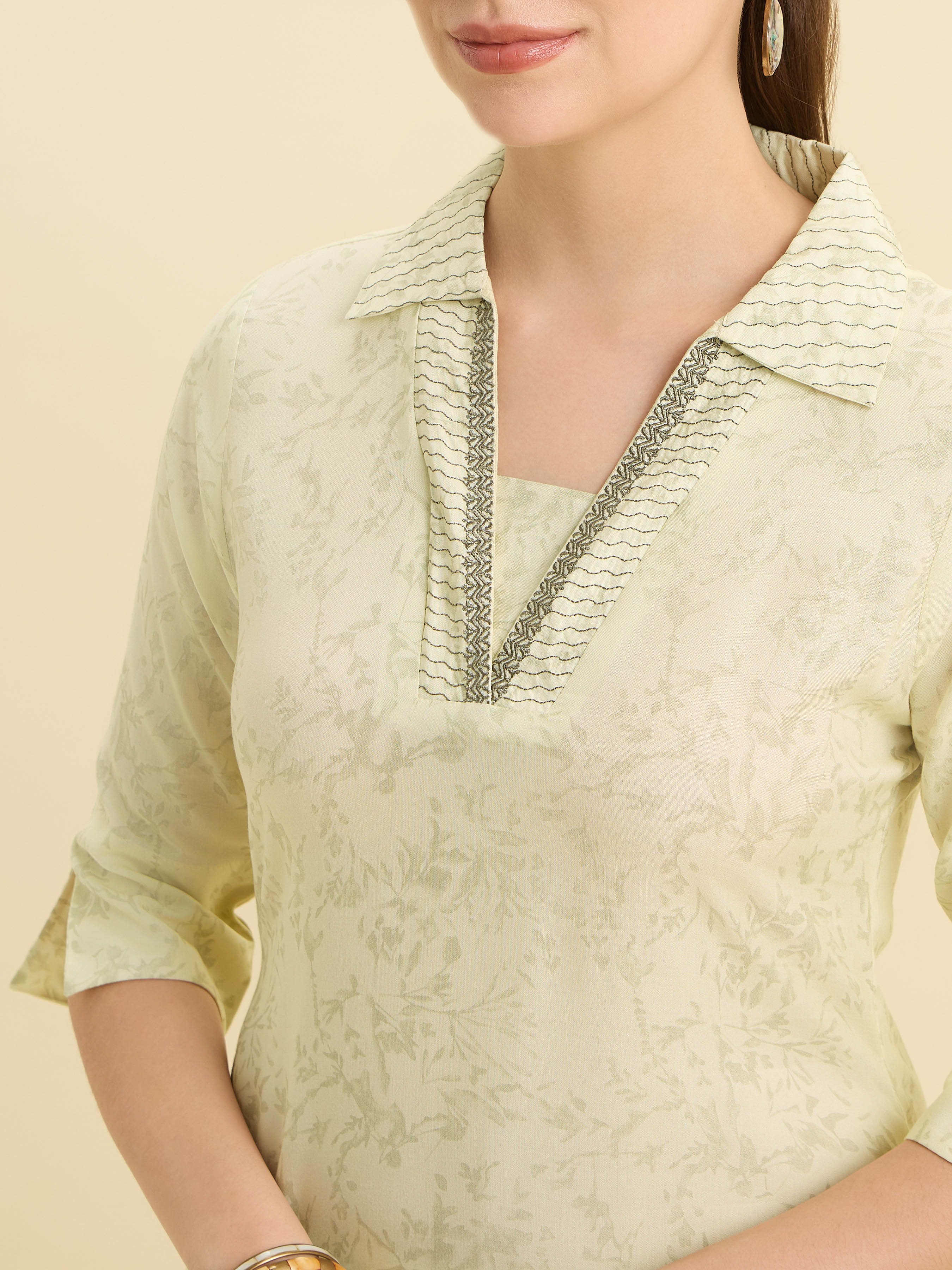 Pale Yellow Viscose Printed Kurti With Embroidery