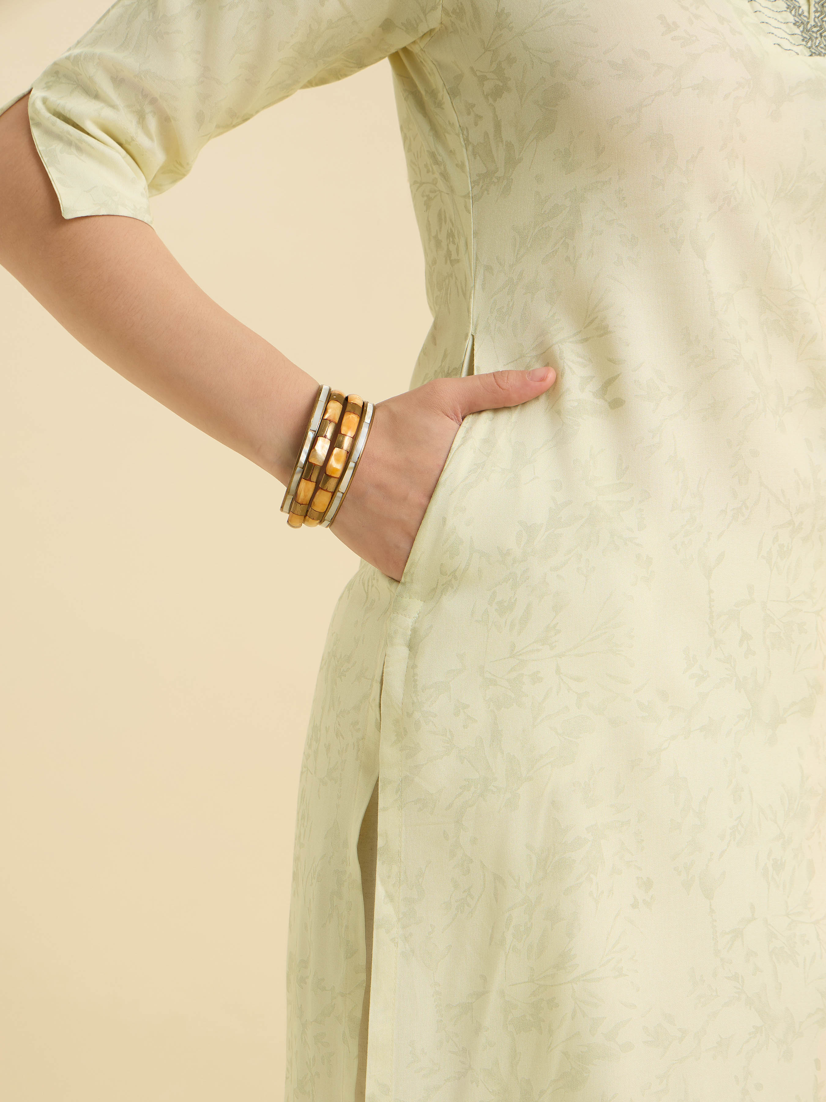 Pale Yellow Viscose Printed Kurti With Embroidery