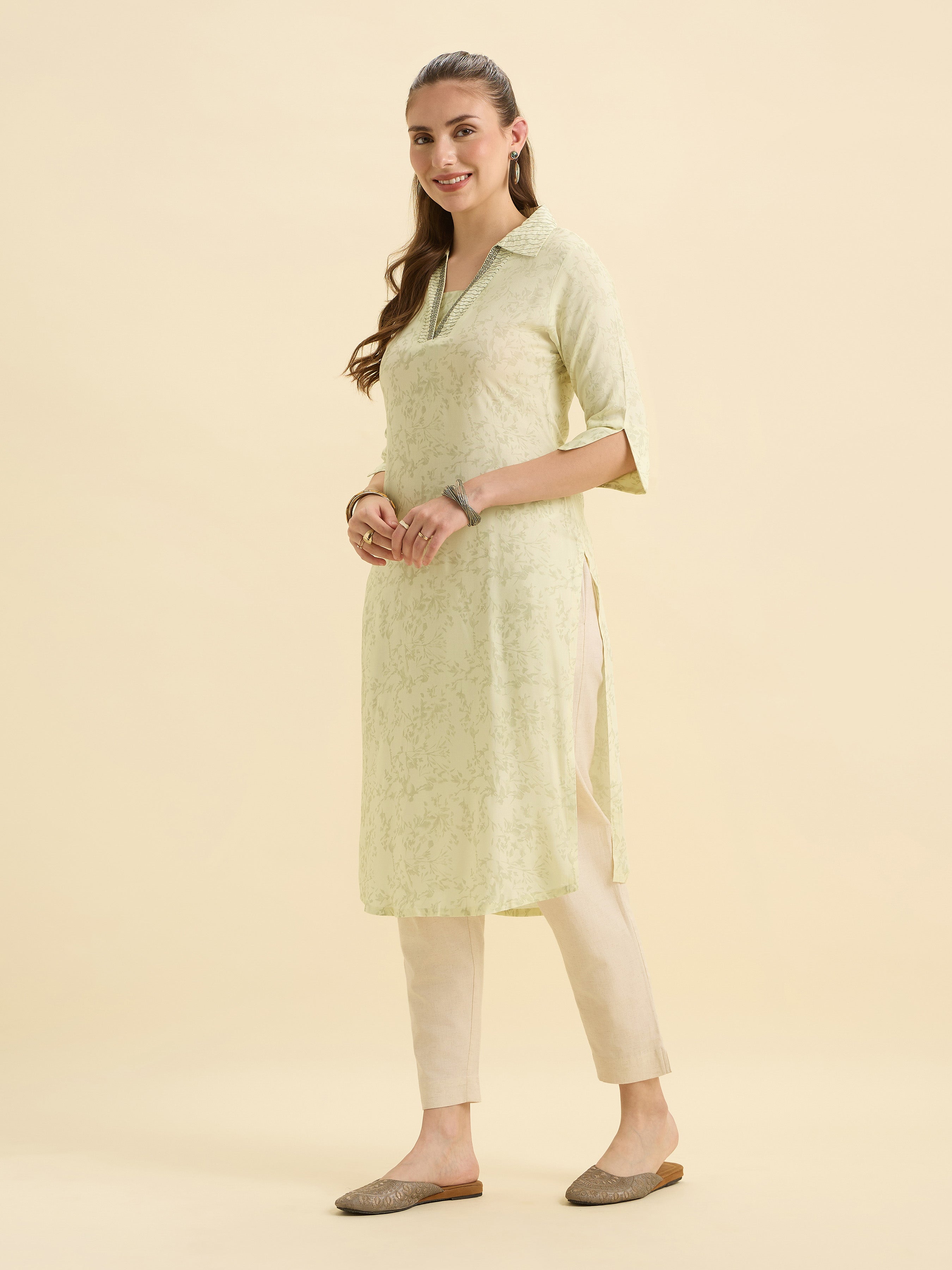 Pale Yellow Viscose Printed Kurti With Embroidery