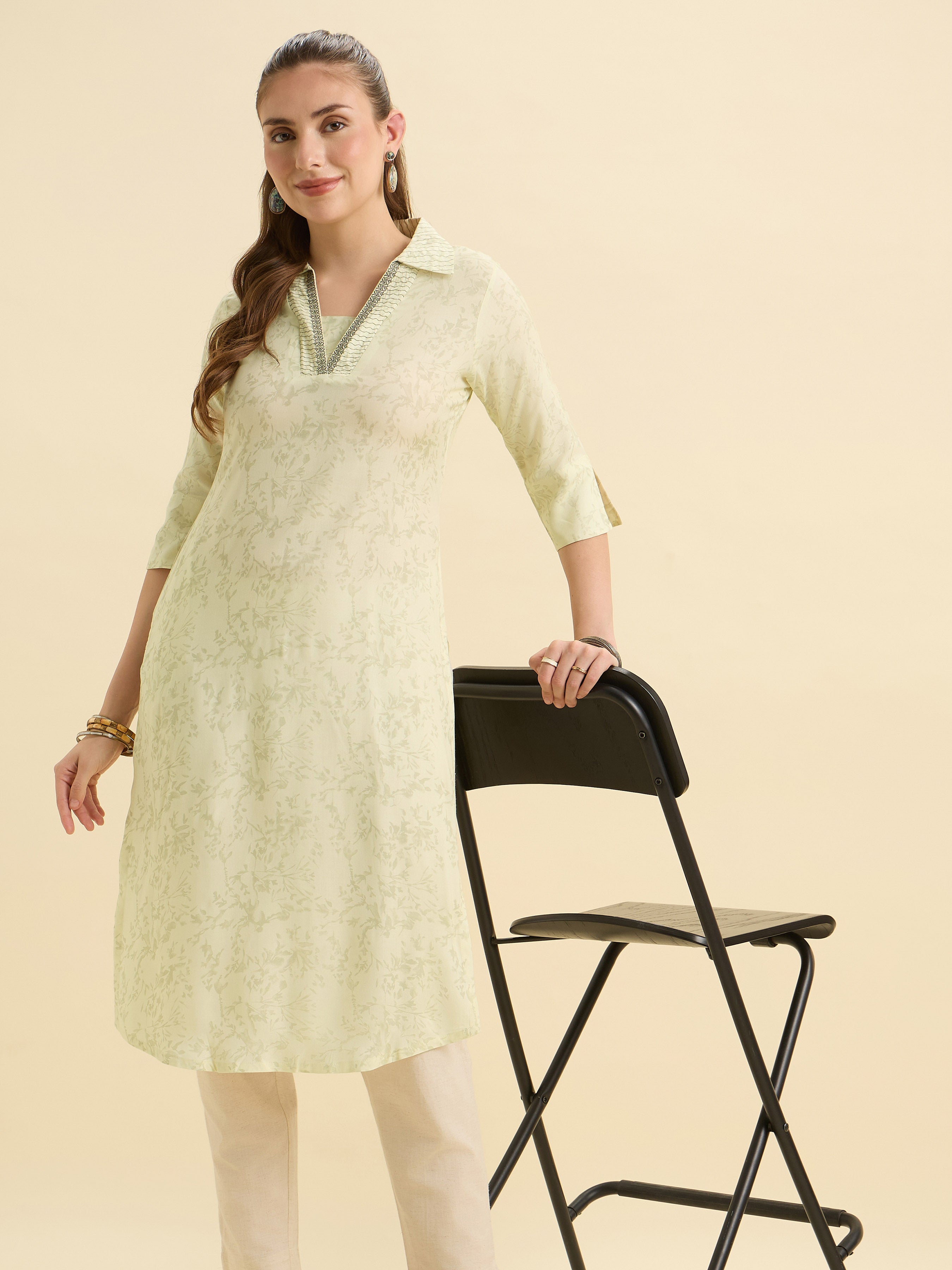 Pale Yellow Viscose Printed Kurti With Embroidery
