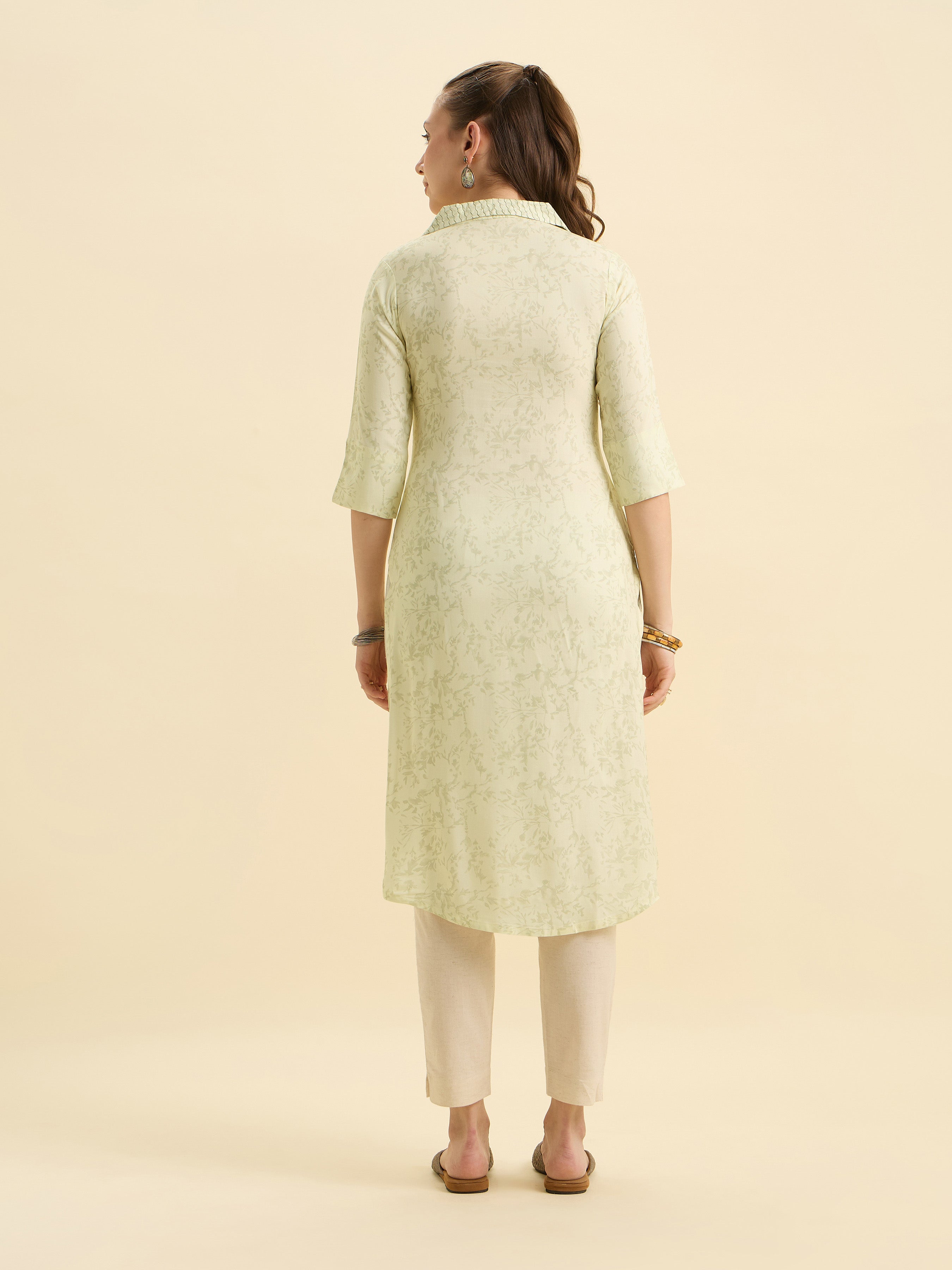 Pale Yellow Viscose Printed Kurti With Embroidery