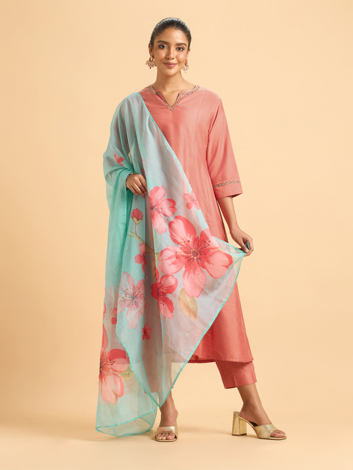 Peach Plain Viscose Flared Kurti Set With Embroidery Hand Work Styled With Printed Dupatta