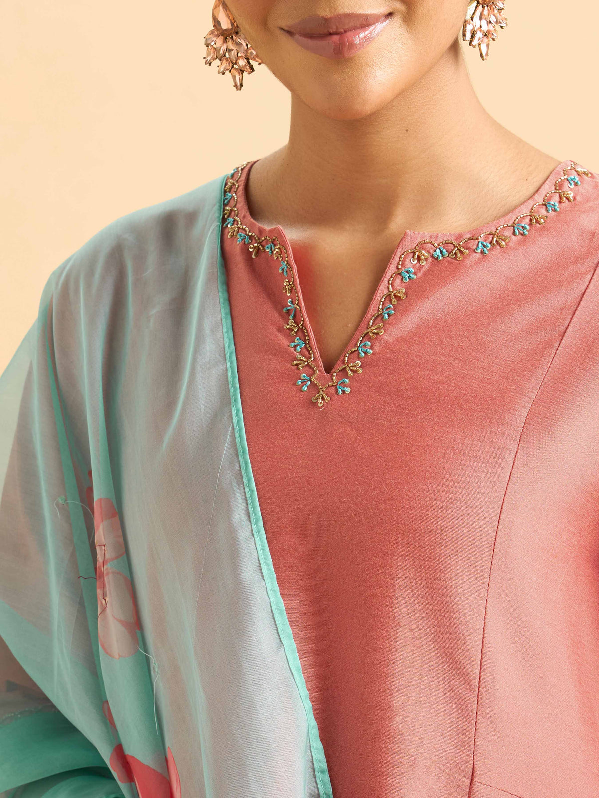 Peach Plain Viscose Flared Kurti Set With Embroidery Hand Work Styled With Printed Dupatta