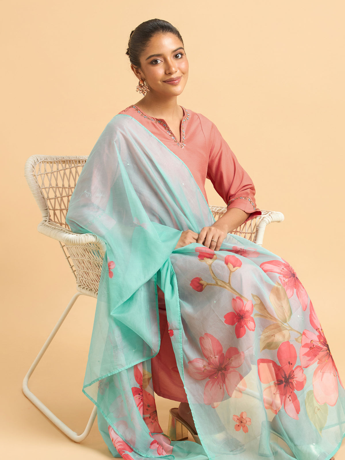 Peach Plain Viscose Flared Kurti Set With Embroidery Hand Work Styled With Printed Dupatta