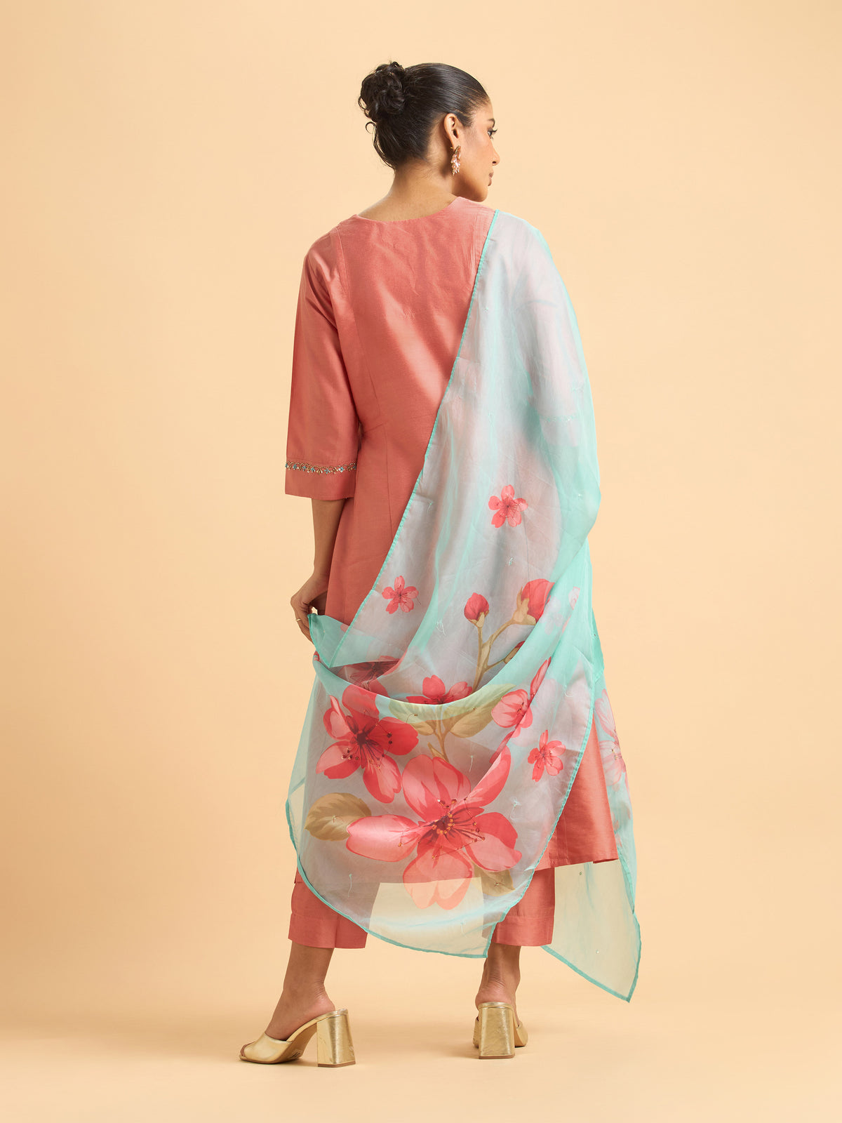Peach Plain Viscose Flared Kurti Set With Embroidery Hand Work Styled With Printed Dupatta