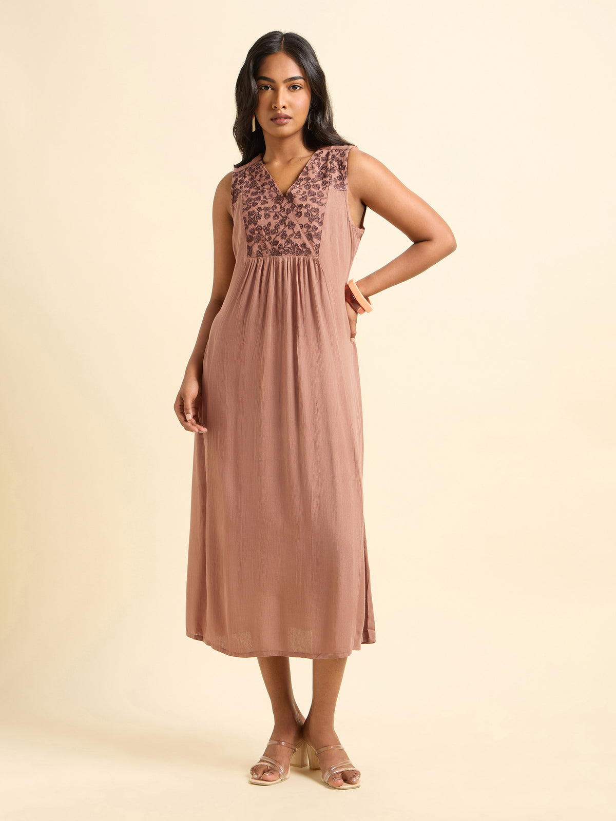 Peach Brown Wrinkle Viscose Plain Flared Center Panel Kurti With Yoke And Sequins Embroidery.
