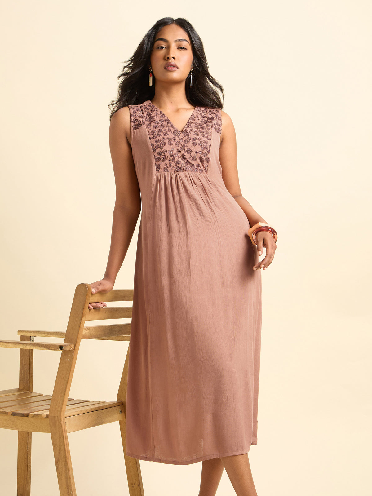 Peach Brown Wrinkle Viscose Plain Flared Center Panel Kurti With Yoke And Sequins Embroidery.