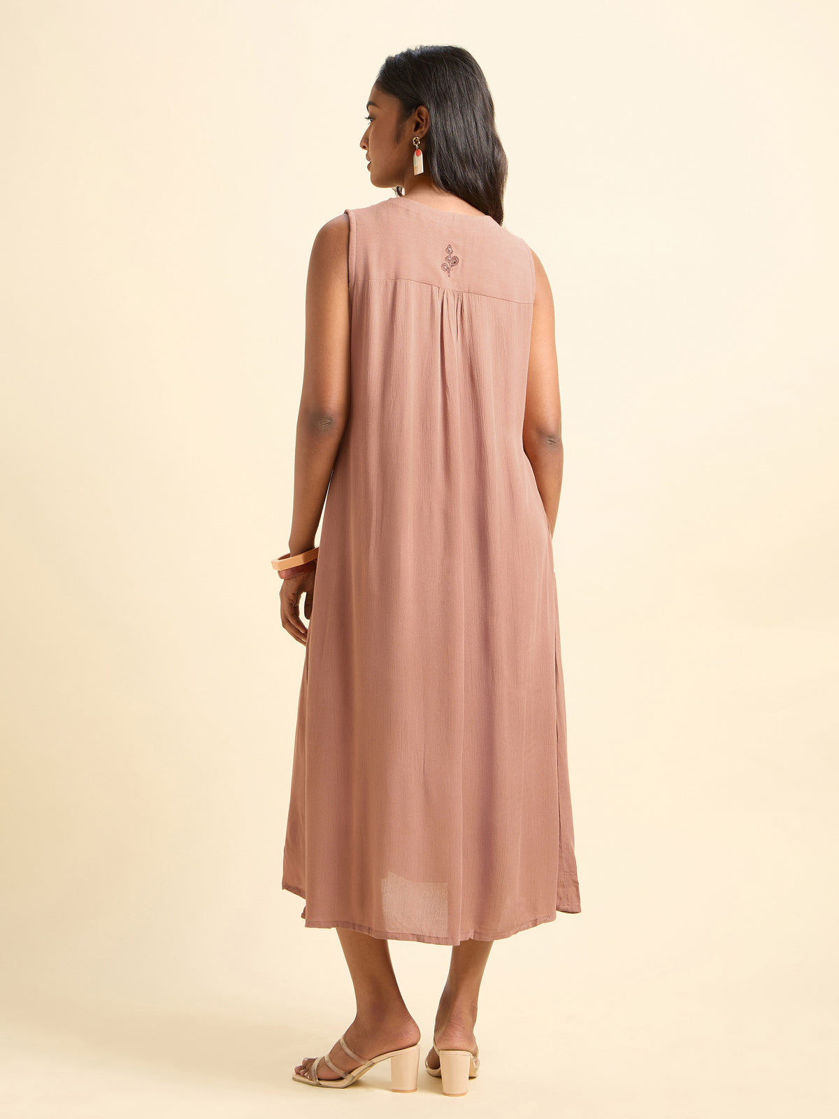 Peach Brown Wrinkle Viscose Plain Flared Center Panel Kurti With Yoke And Sequins Embroidery.