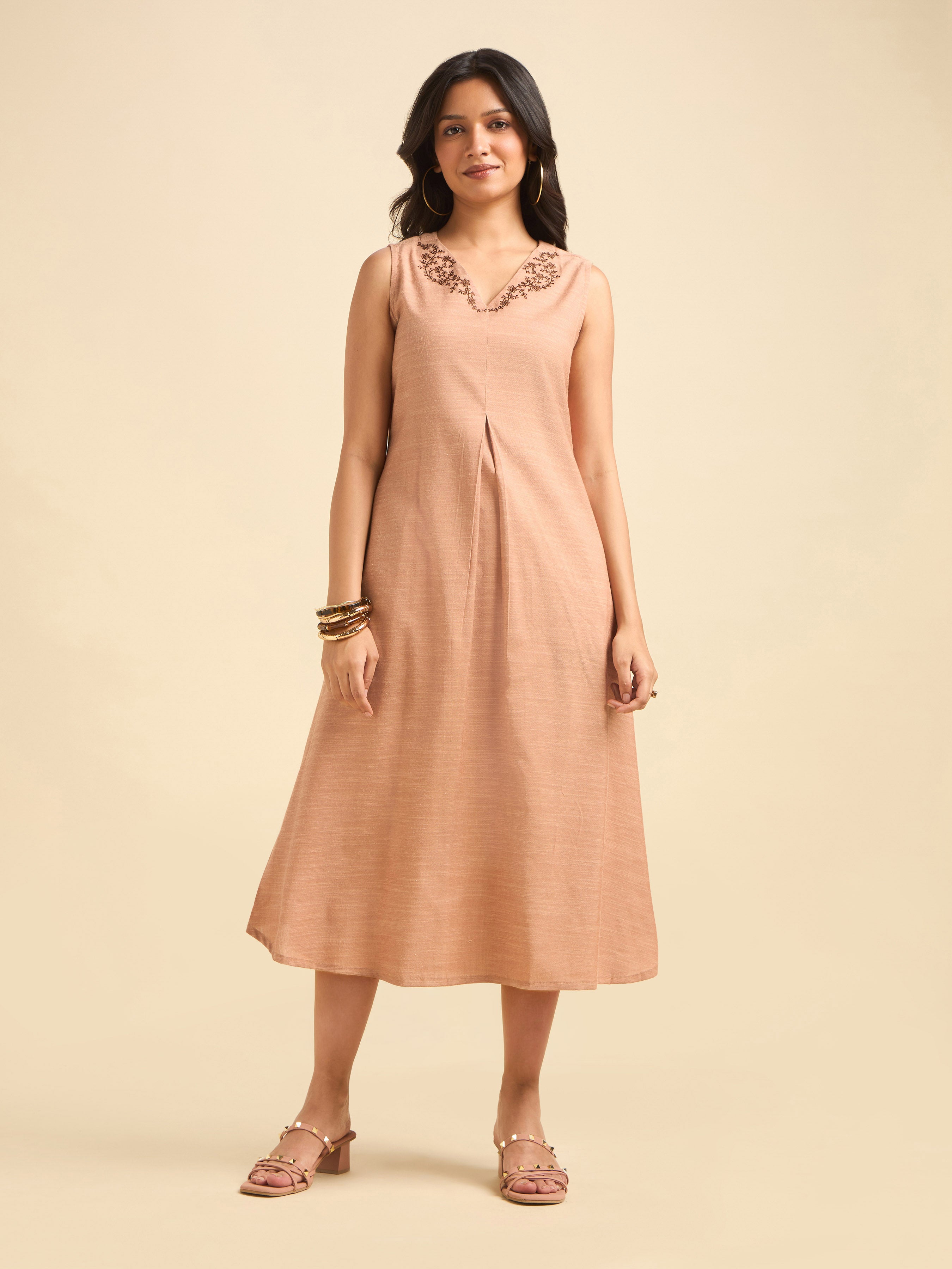 Peach Cotton Viscose Slub Flared Box Pleat Kurti With Embroidery