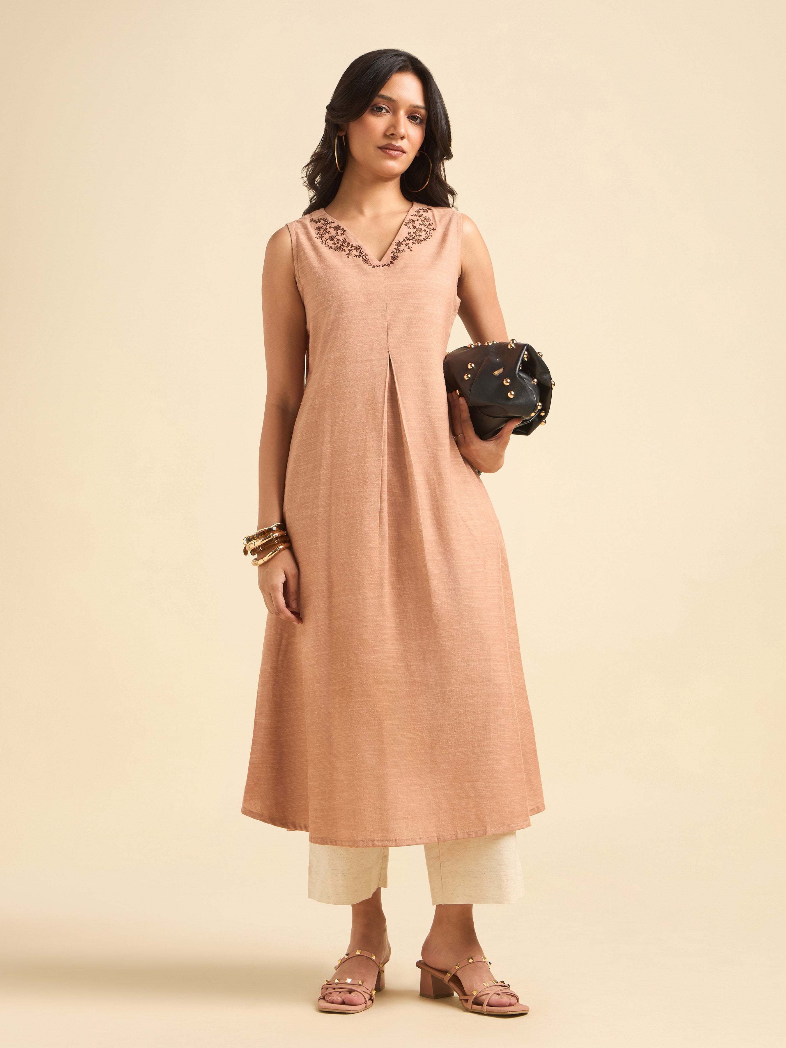 Peach Cotton Viscose Slub Flared Box Pleat Kurti With Embroidery