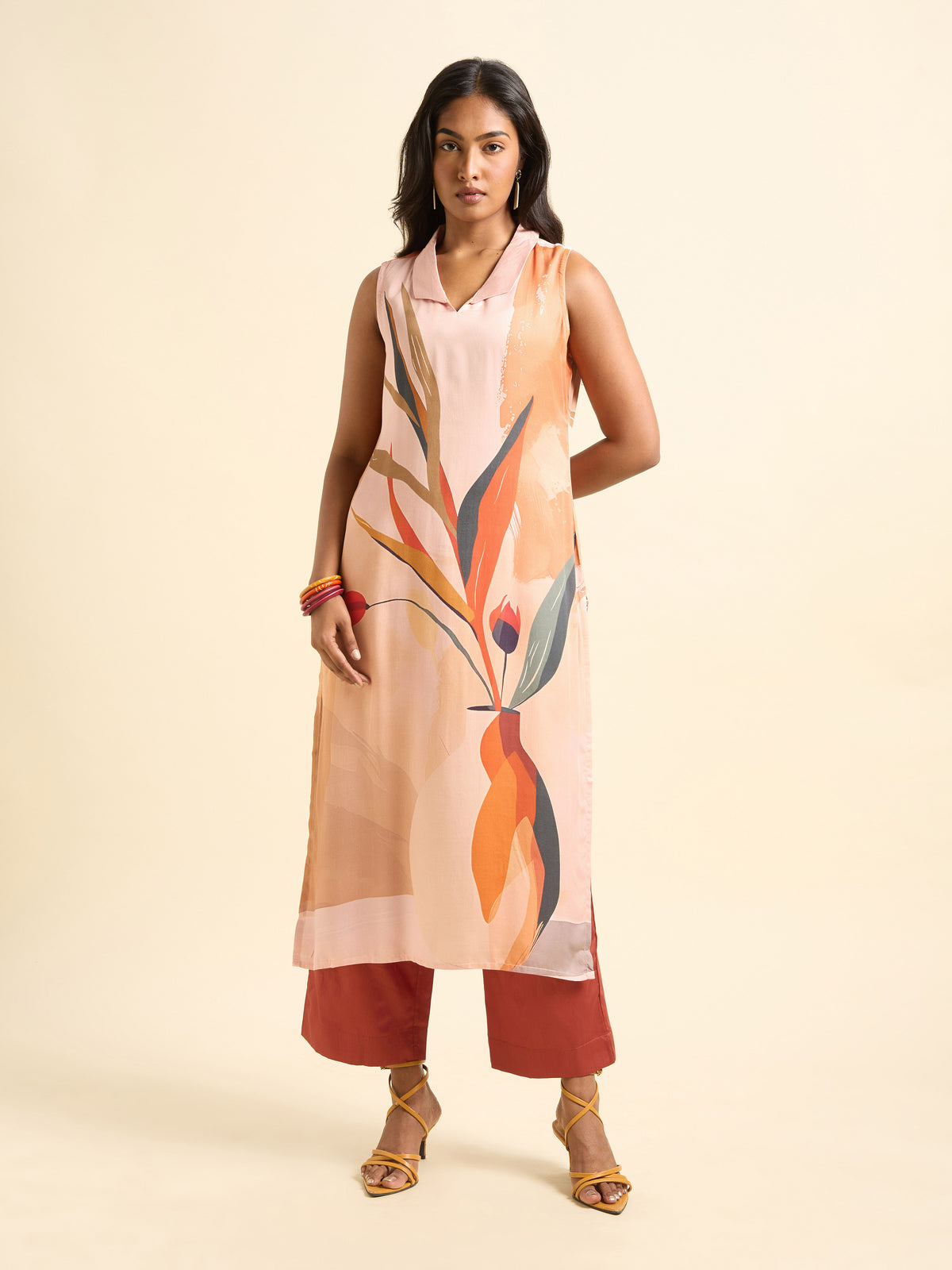 Peach Multi Colour Modal Satin Placement Printed Kurti Set