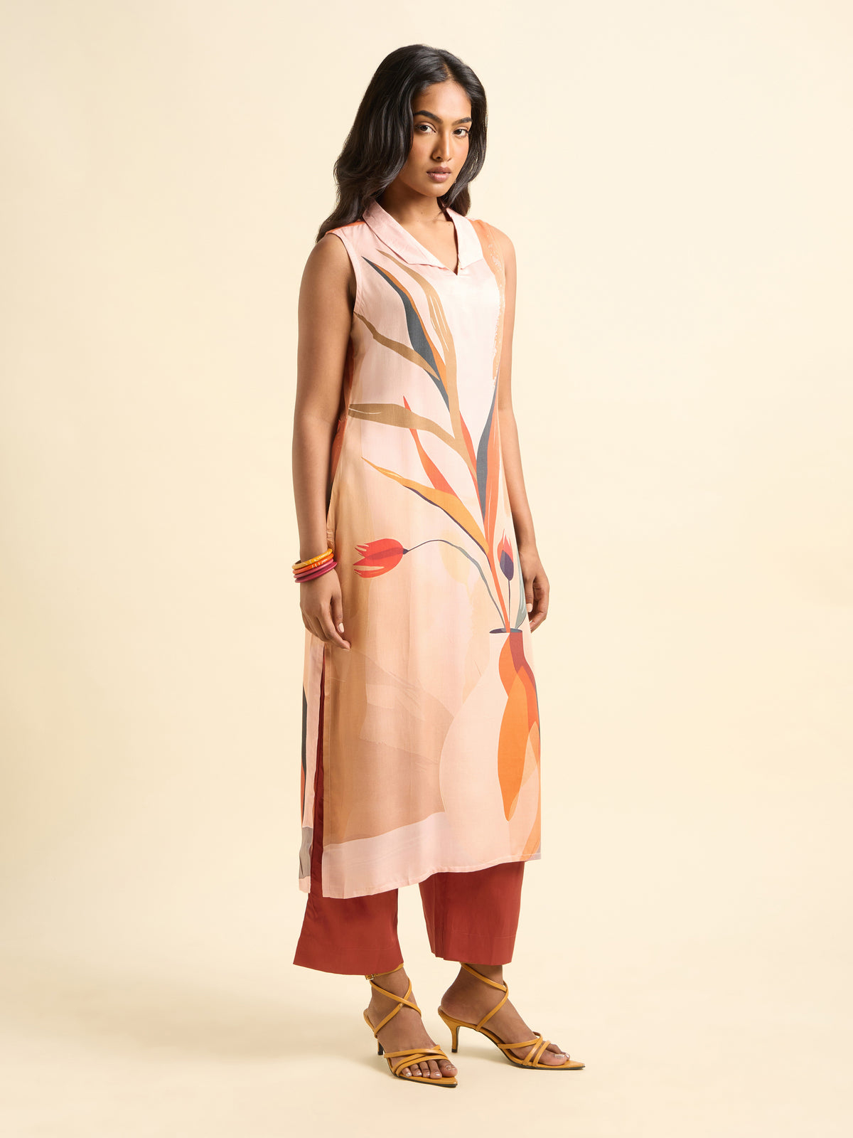 Peach Multi Colour Modal Satin Placement Printed Kurti Set
