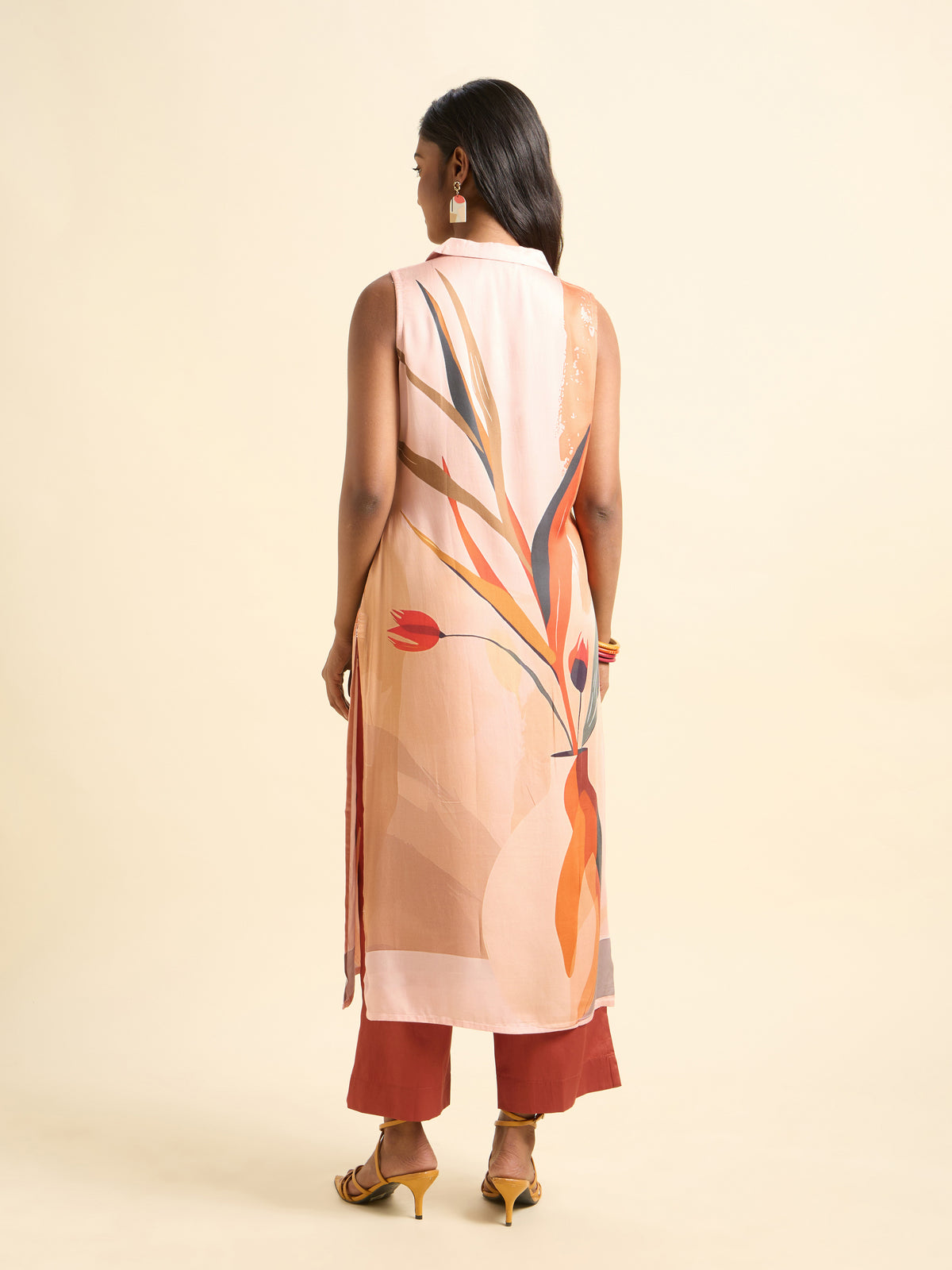 Peach Multi Colour Modal Satin Placement Printed Kurti Set