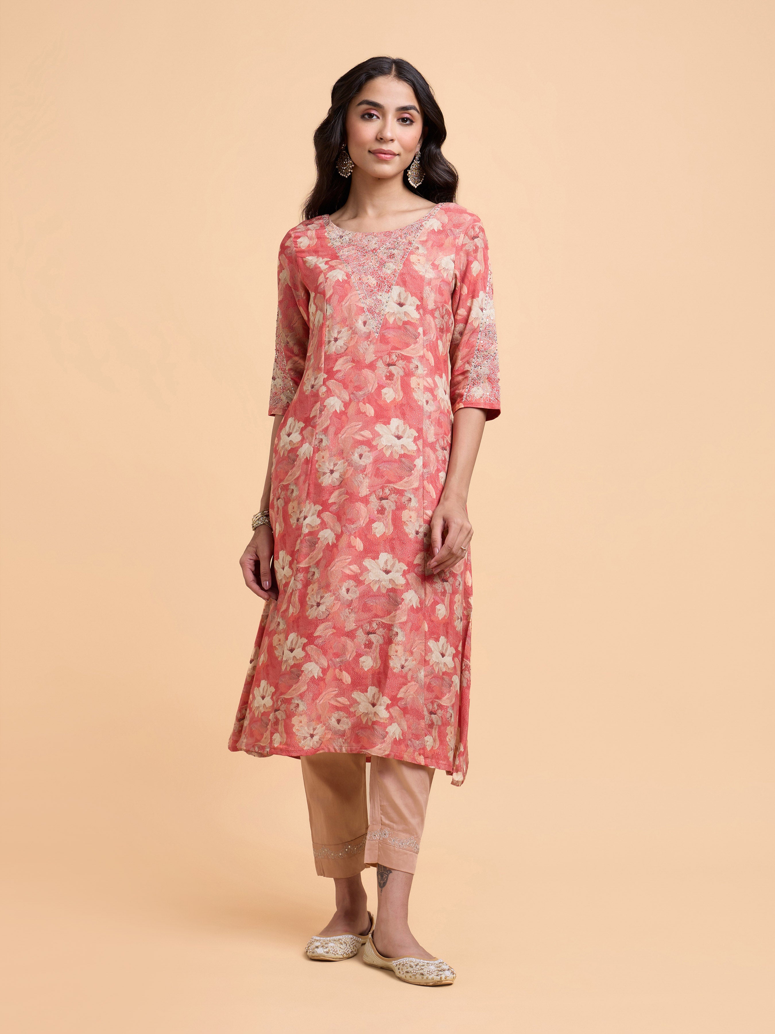 Peach Multicolour Viscose Shimmer Printed Flared Kurti Set With Embroidery And Sequins Work
