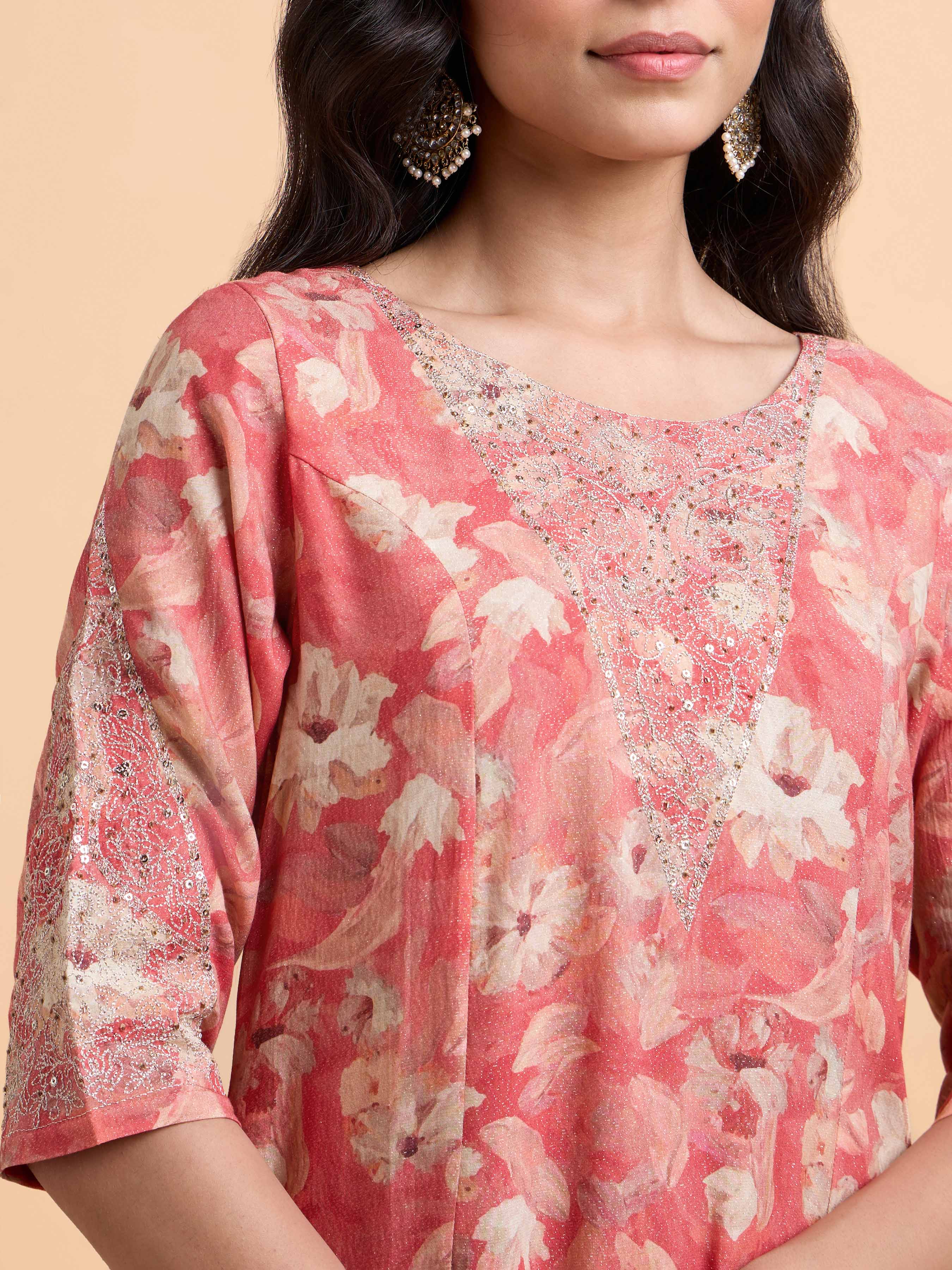 Peach Multicolour Viscose Shimmer Printed Flared Kurti Set With Embroidery And Sequins Work