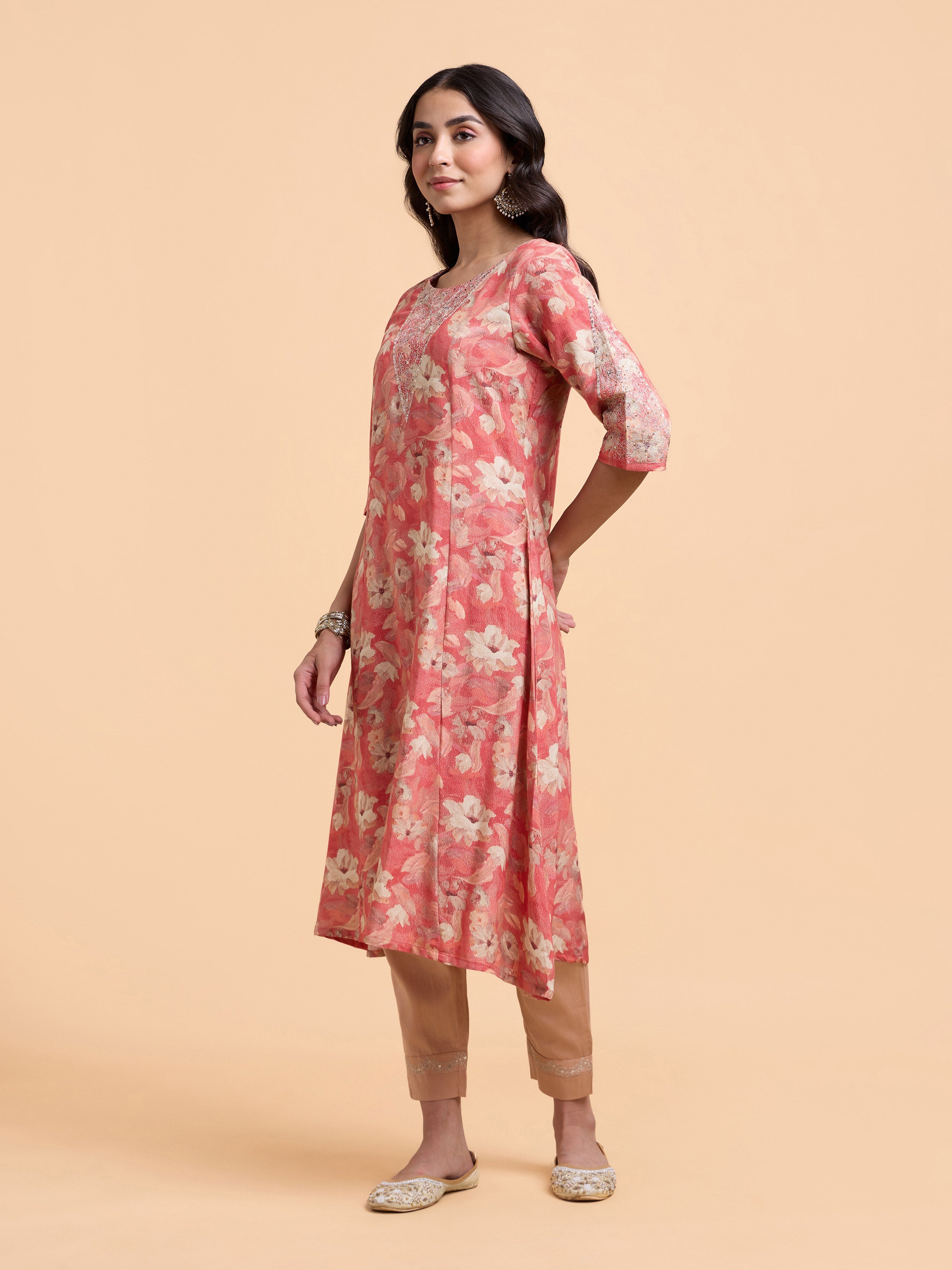 Peach Multicolour Viscose Shimmer Printed Flared Kurti Set With Embroidery And Sequins Work