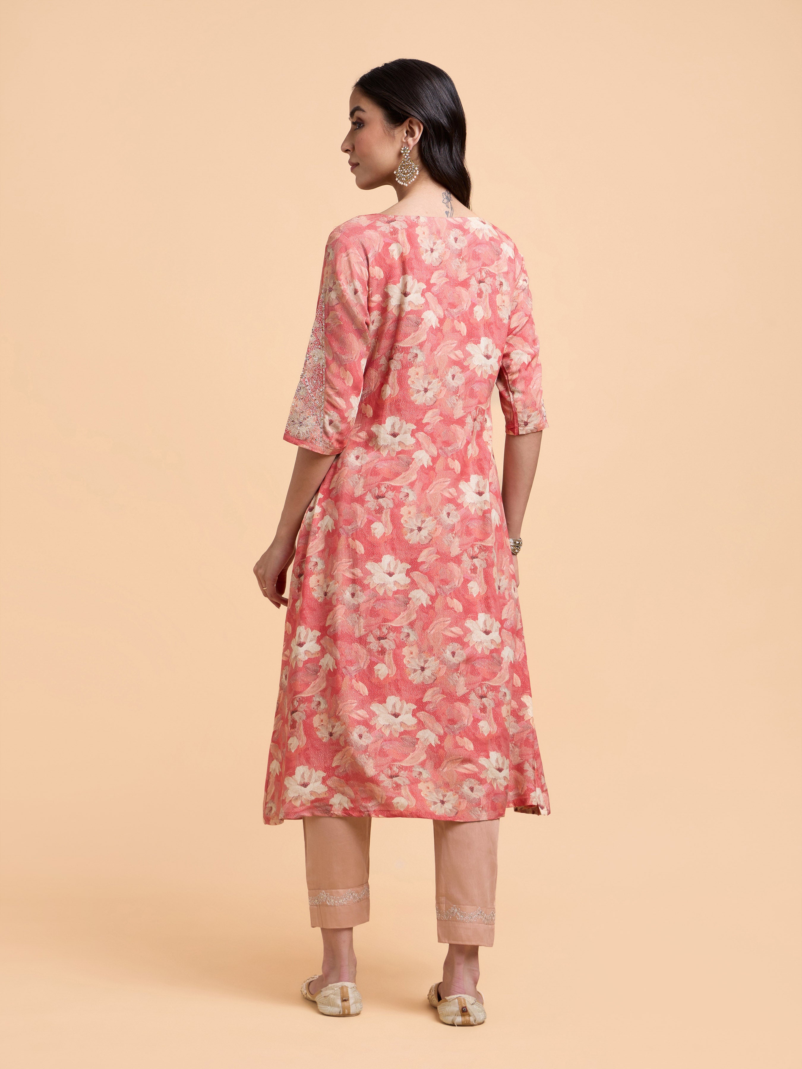 Peach Multicolour Viscose Shimmer Printed Flared Kurti Set With Embroidery And Sequins Work