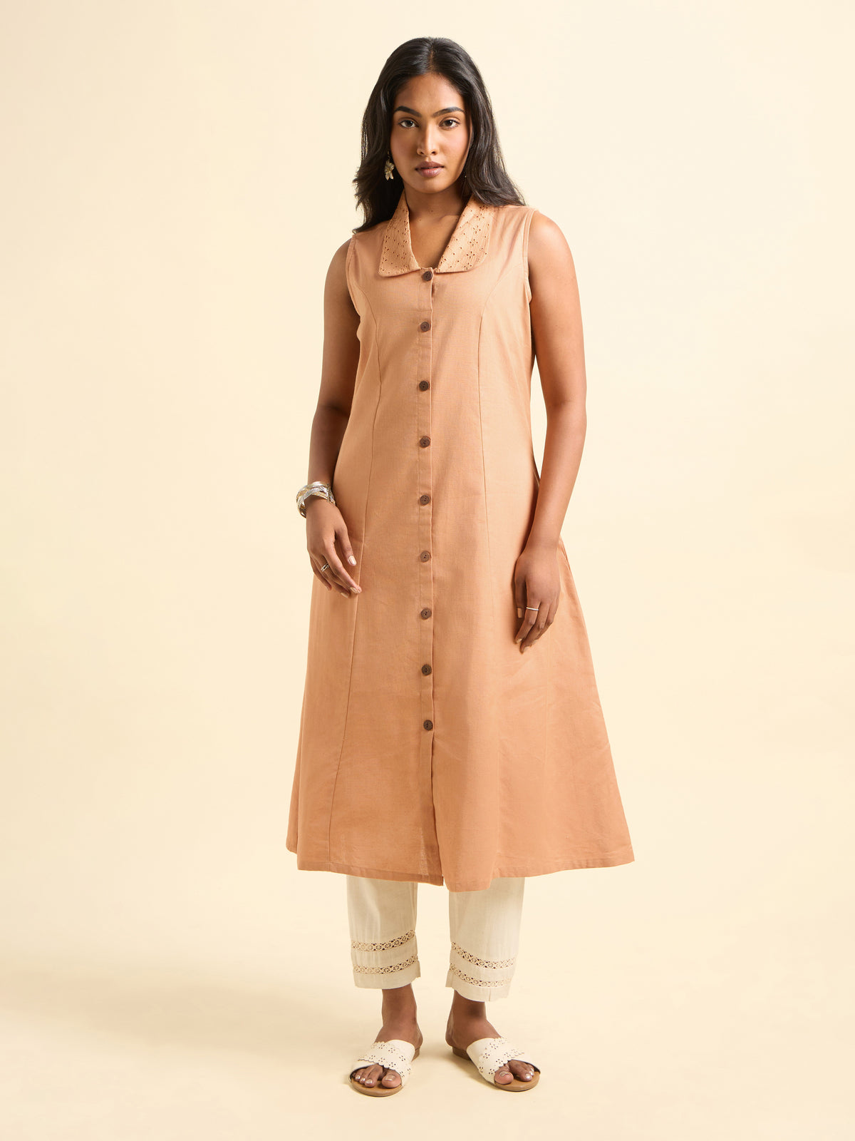 Peach Orange Cotton Flax Kurti With Hakoba Fabric Collar Detailing