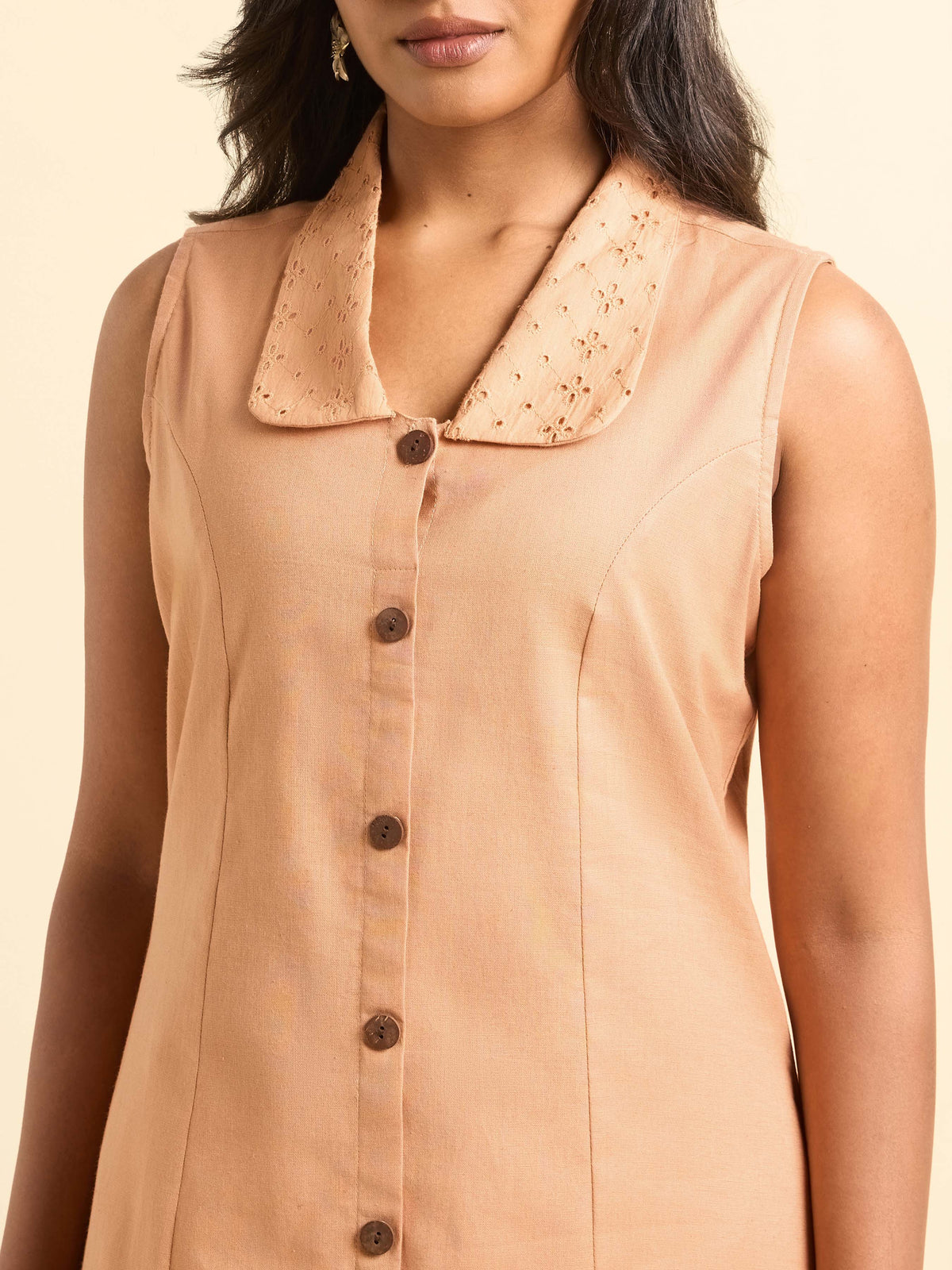 Peach Orange Cotton Flax Kurti With Hakoba Fabric Collar Detailing