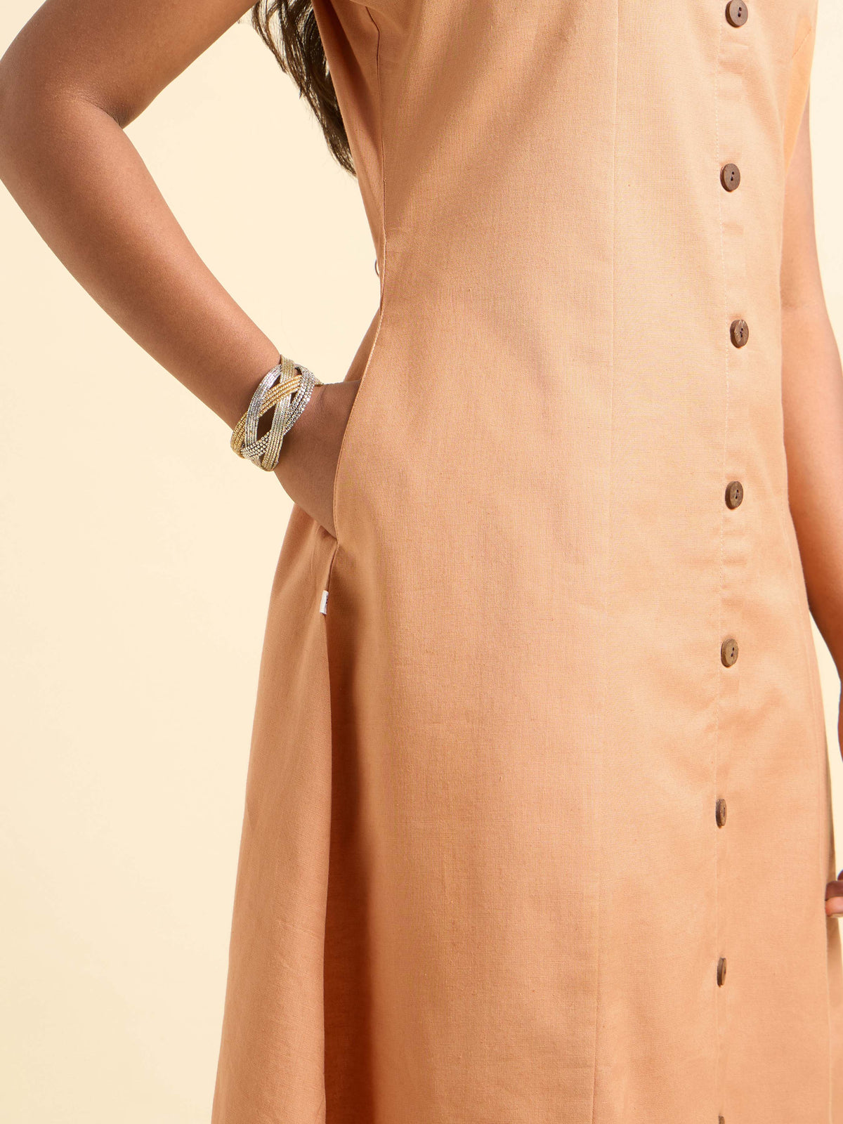 Peach Orange Cotton Flax Kurti With Hakoba Fabric Collar Detailing