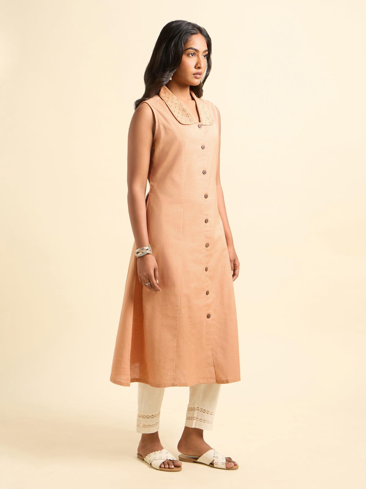 Peach Orange Cotton Flax Kurti With Hakoba Fabric Collar Detailing