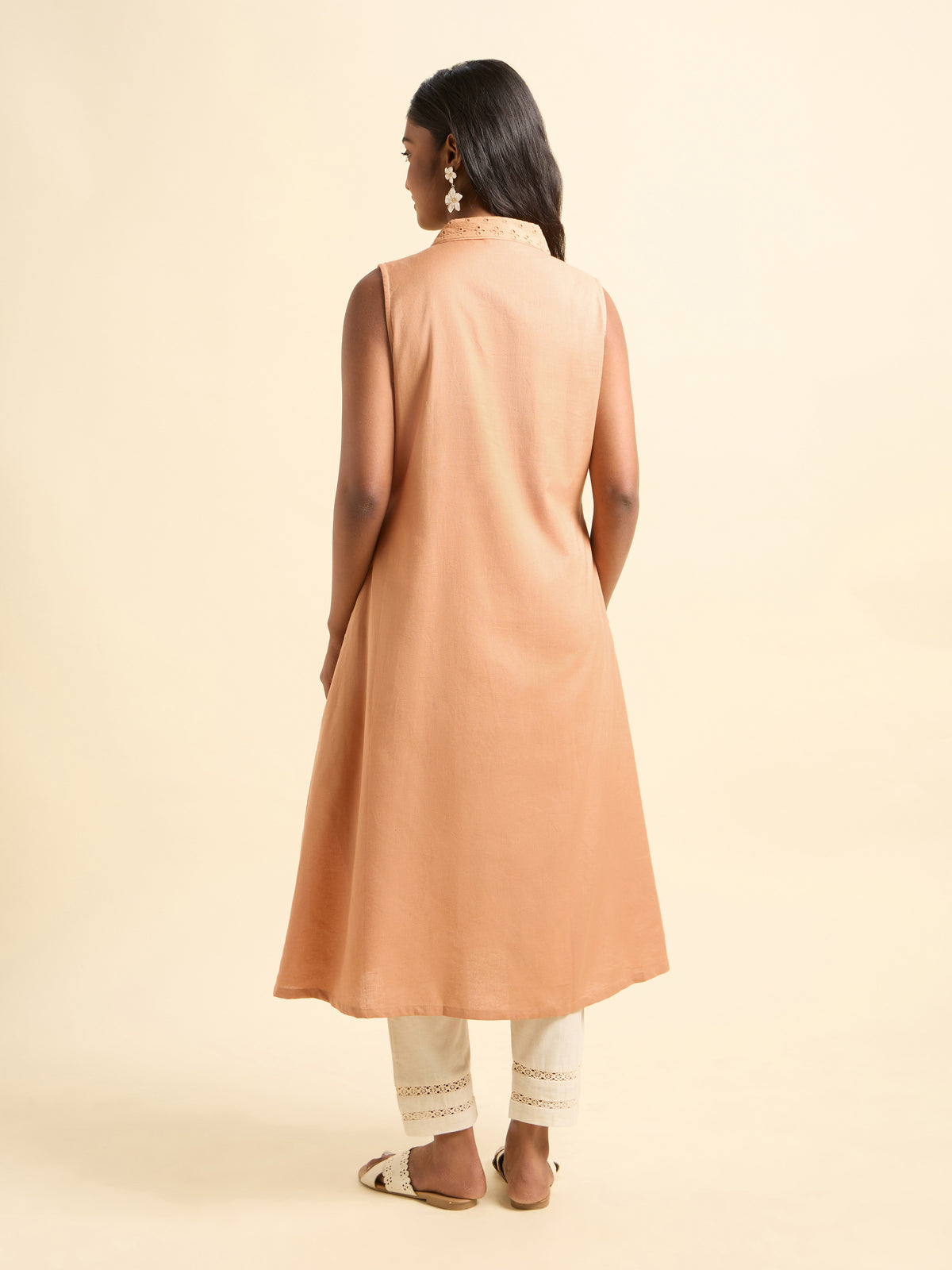 Peach Orange Cotton Flax Kurti With Hakoba Fabric Collar Detailing