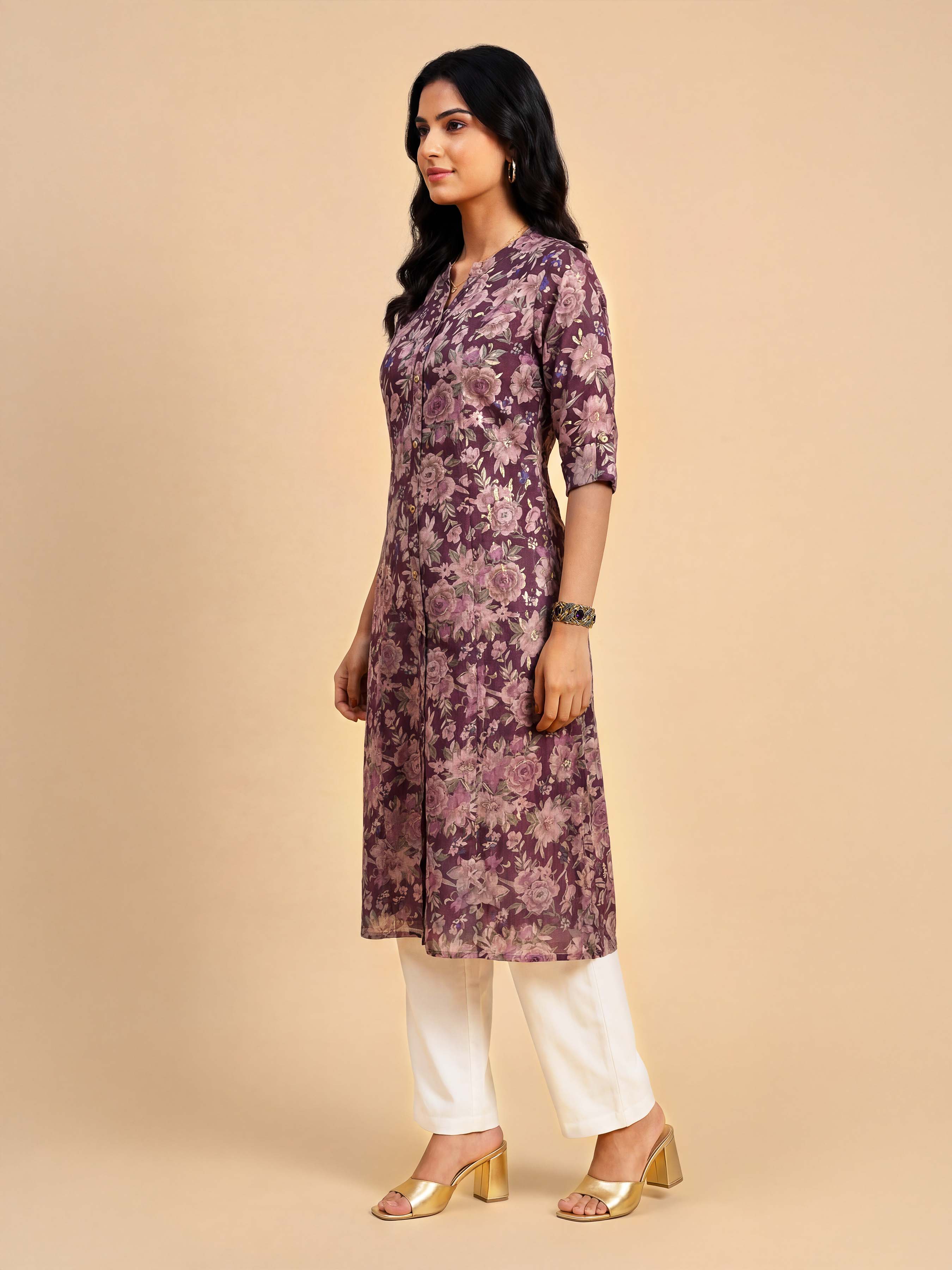 Wine Red Viscose Blend Printed Flared Kurti With Princess Cut