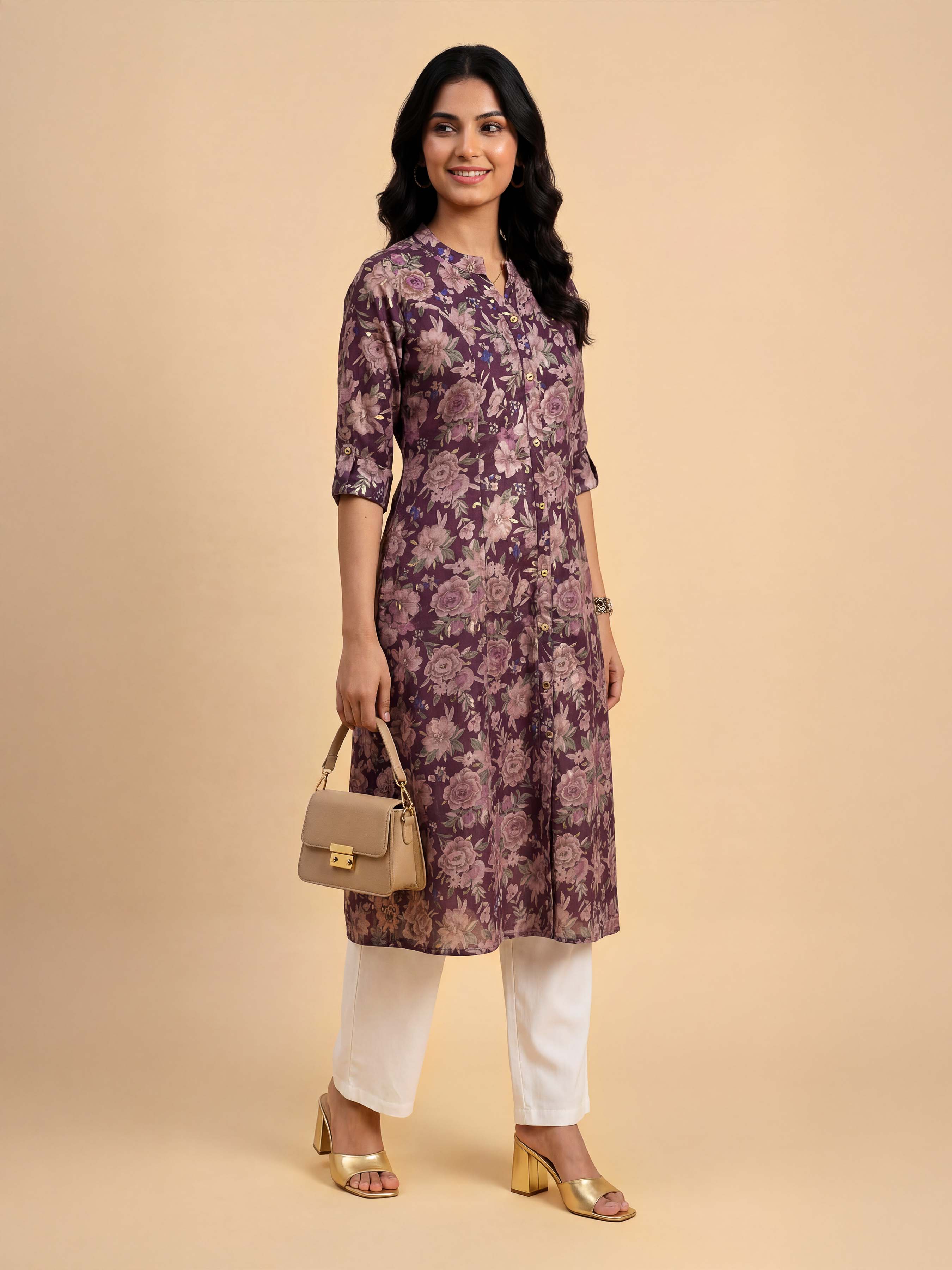 Wine Red Viscose Blend Printed Flared Kurti With Princess Cut