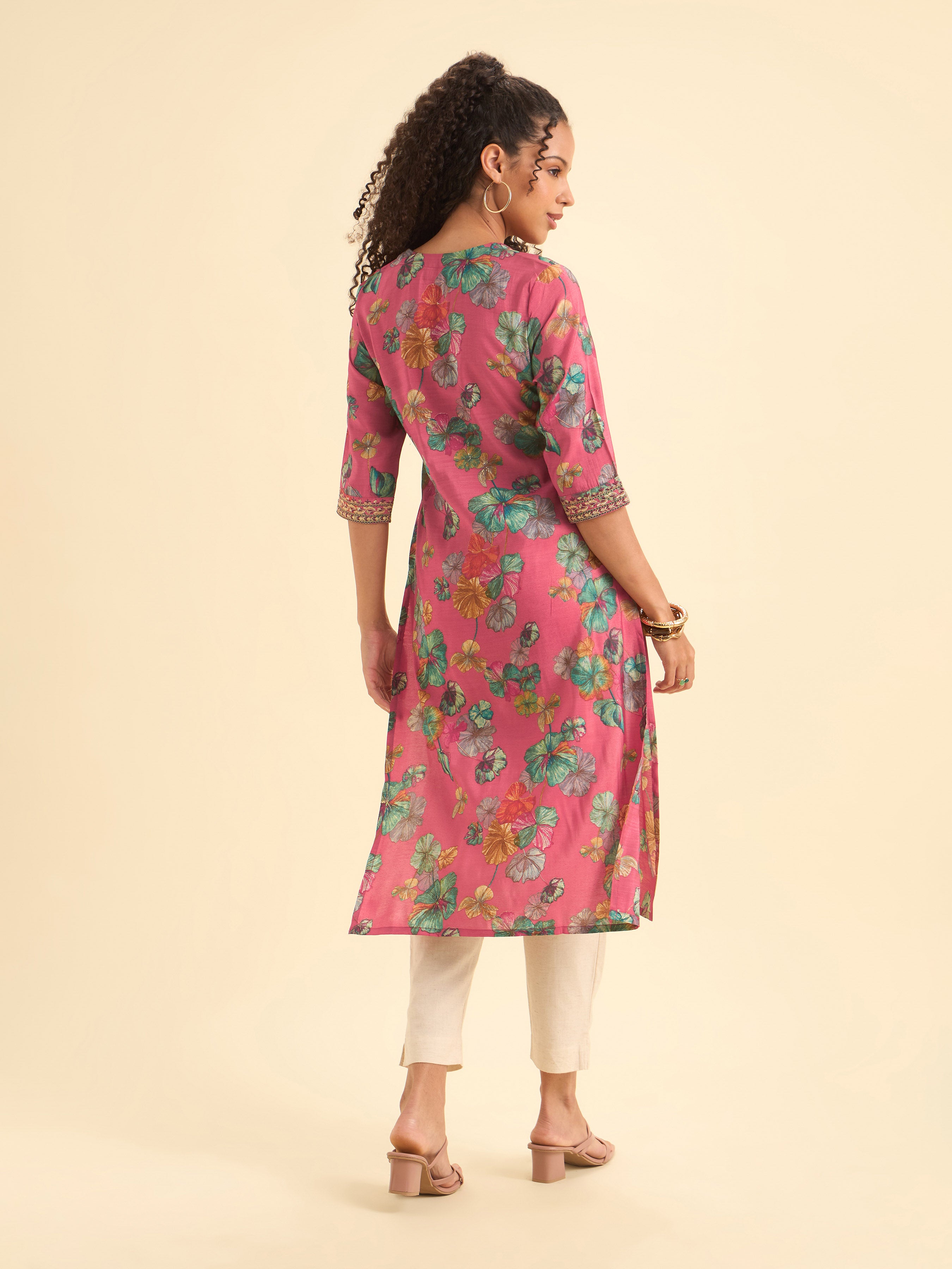 Pink Multi Viscose Blend Printed Slitted Kurti With Embroidery Sequins Work