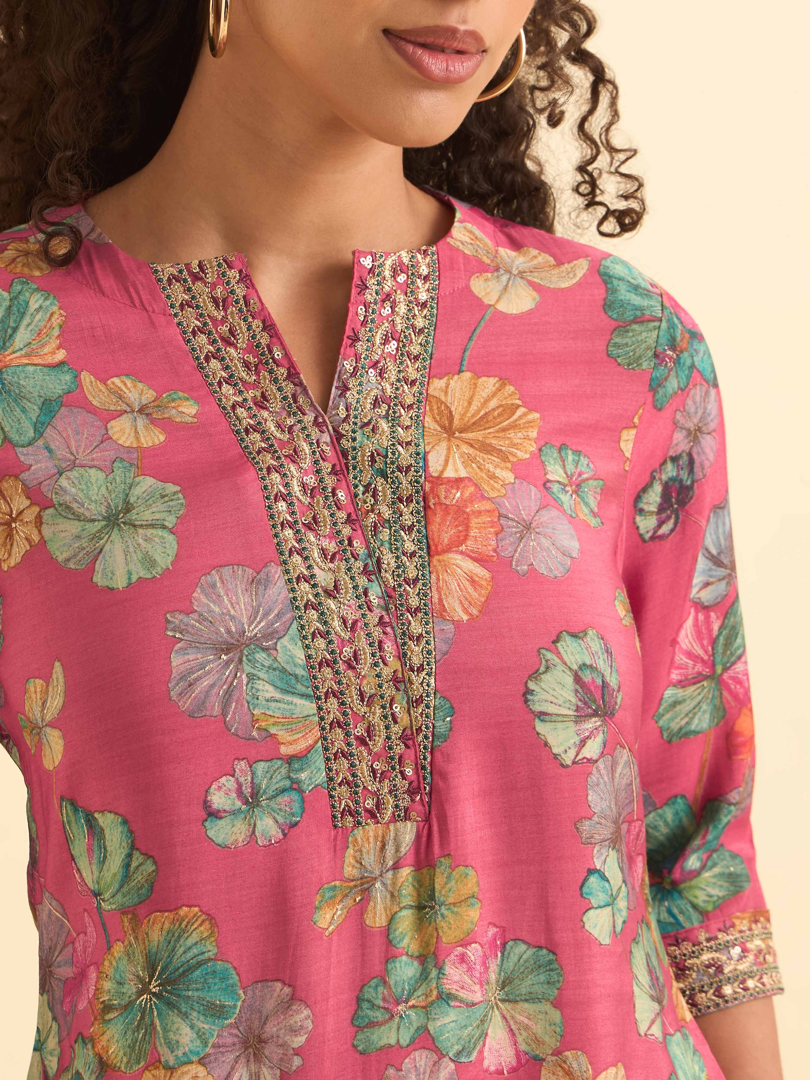Pink Multi Viscose Blend Printed Slitted Kurti With Embroidery Sequins Work