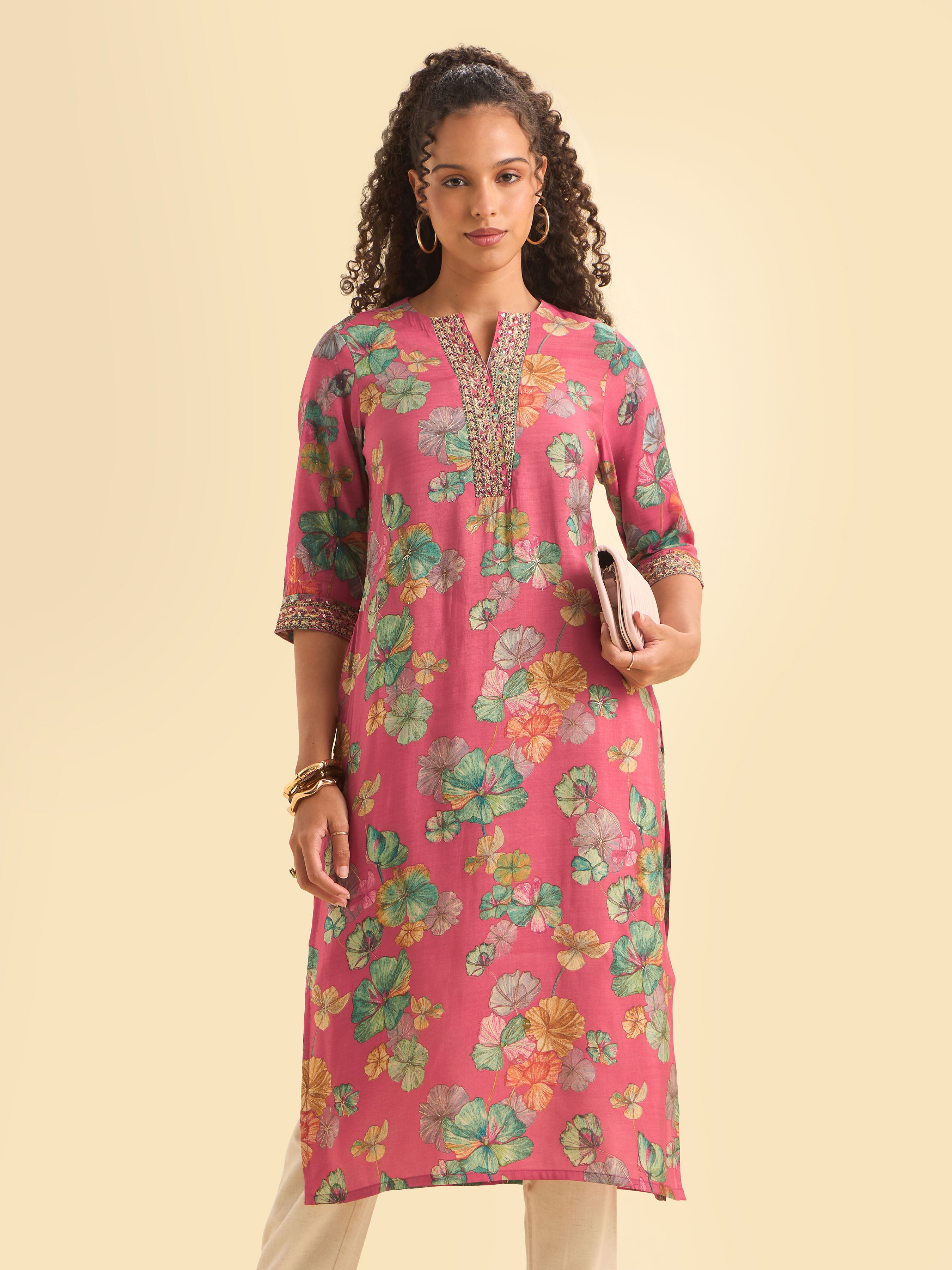 Pink Multi Viscose Blend Printed Slitted Kurti With Embroidery Sequins Work
