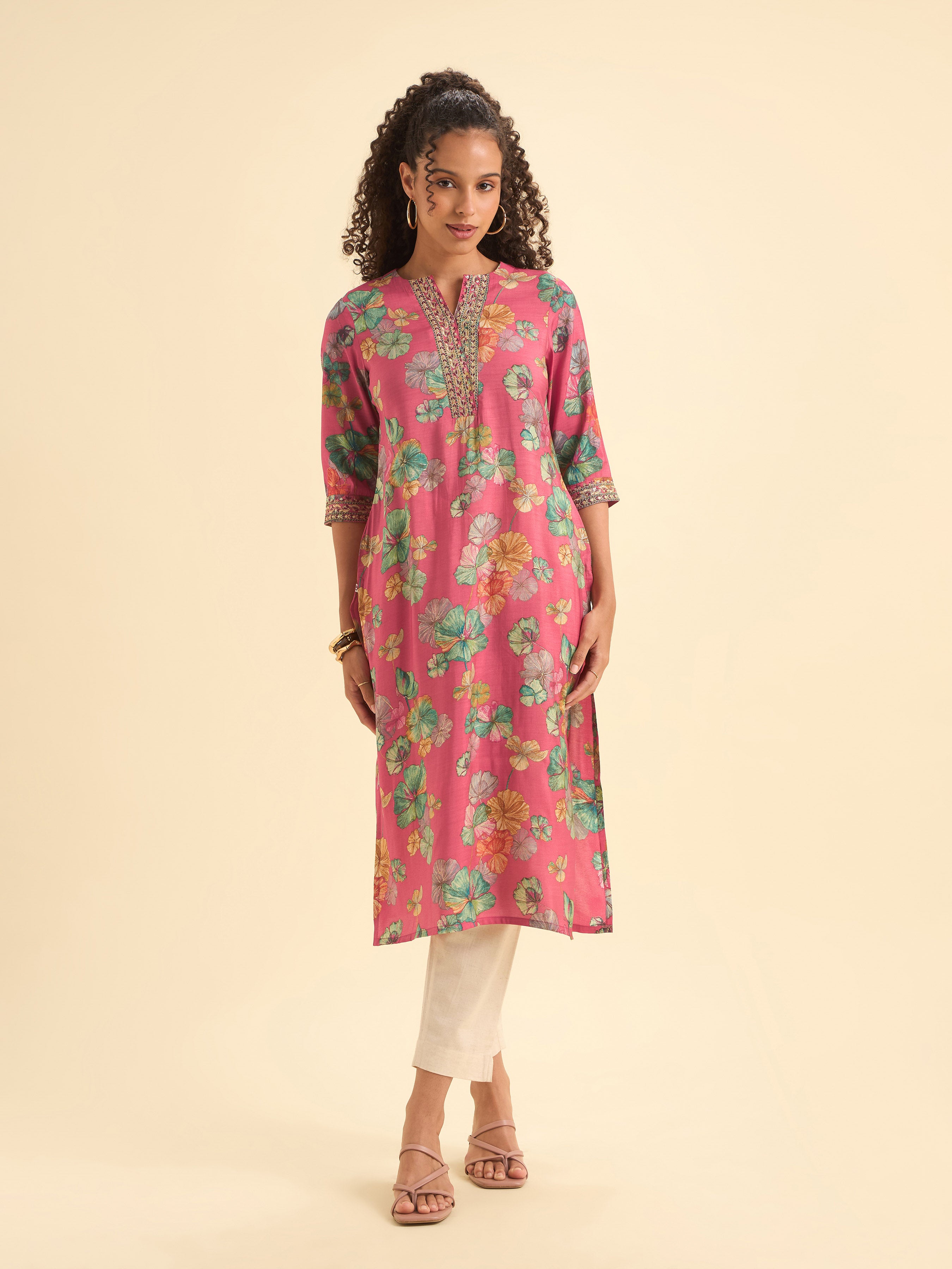 Pink Multi Viscose Blend Printed Slitted Kurti With Embroidery Sequins Work